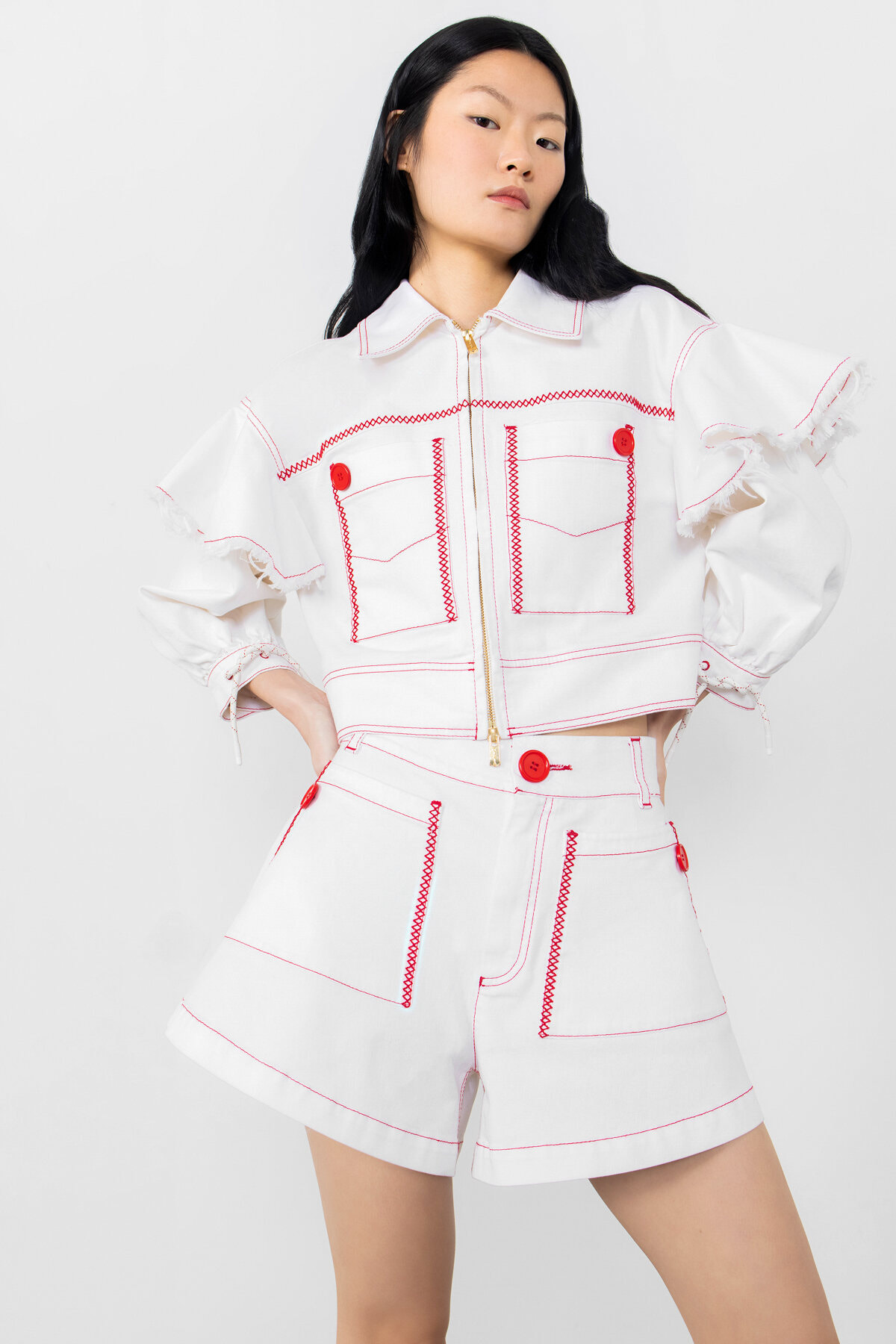 Dikişli Volan Detaylı Jean Ceket