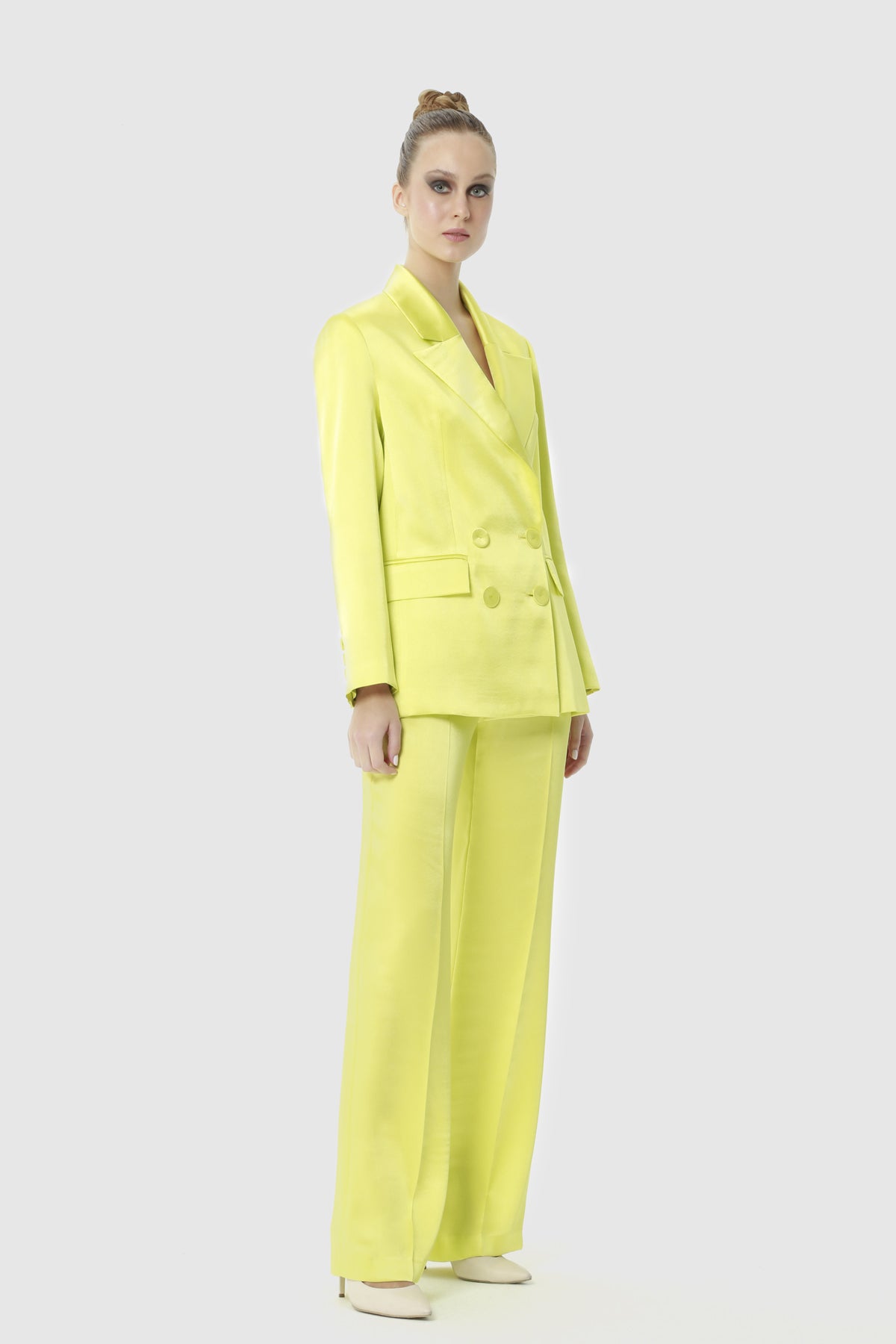 Kruvaze Kapamalı Blazer Ceketli Parlak Saten Kumaş Yeşil Takım Elbise