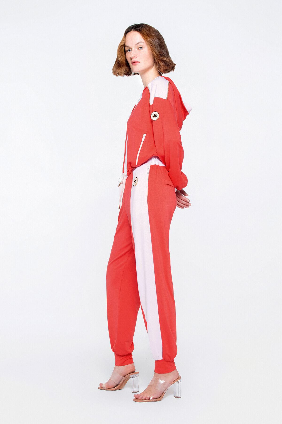 Fermuarlı Cep Detaylı Etek Ucu Bağcıklı Kapşonlu Mercan Sweatişört