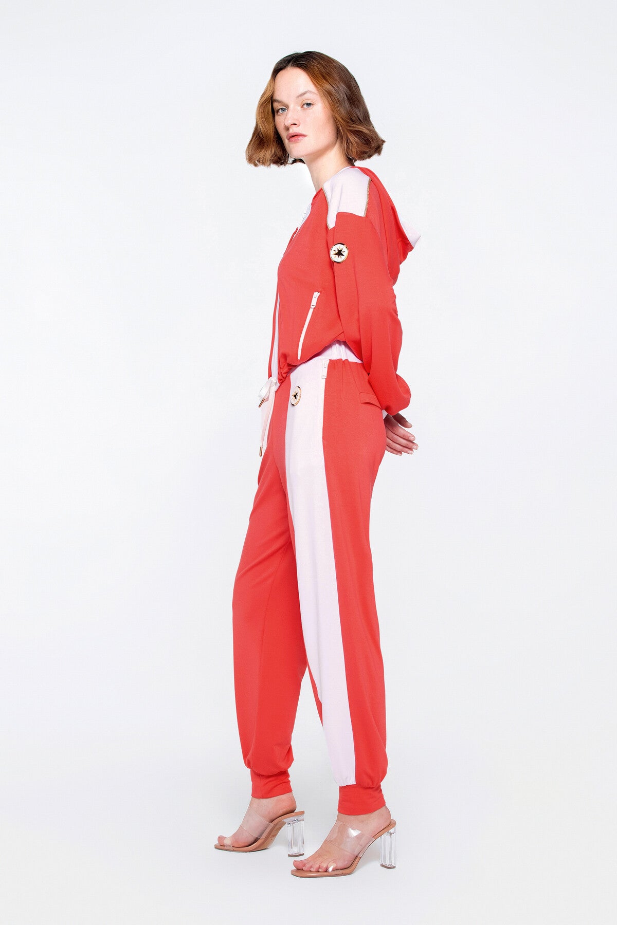 Fermuarlı Cep Detaylı Etek Ucu Bağcıklı Kapşonlu Mercan Sweatişört