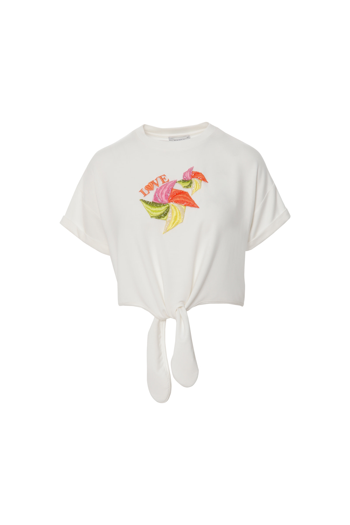Etek Ucu Bağlama Detaylı Aplike Nakış Süslemeli T-shirt