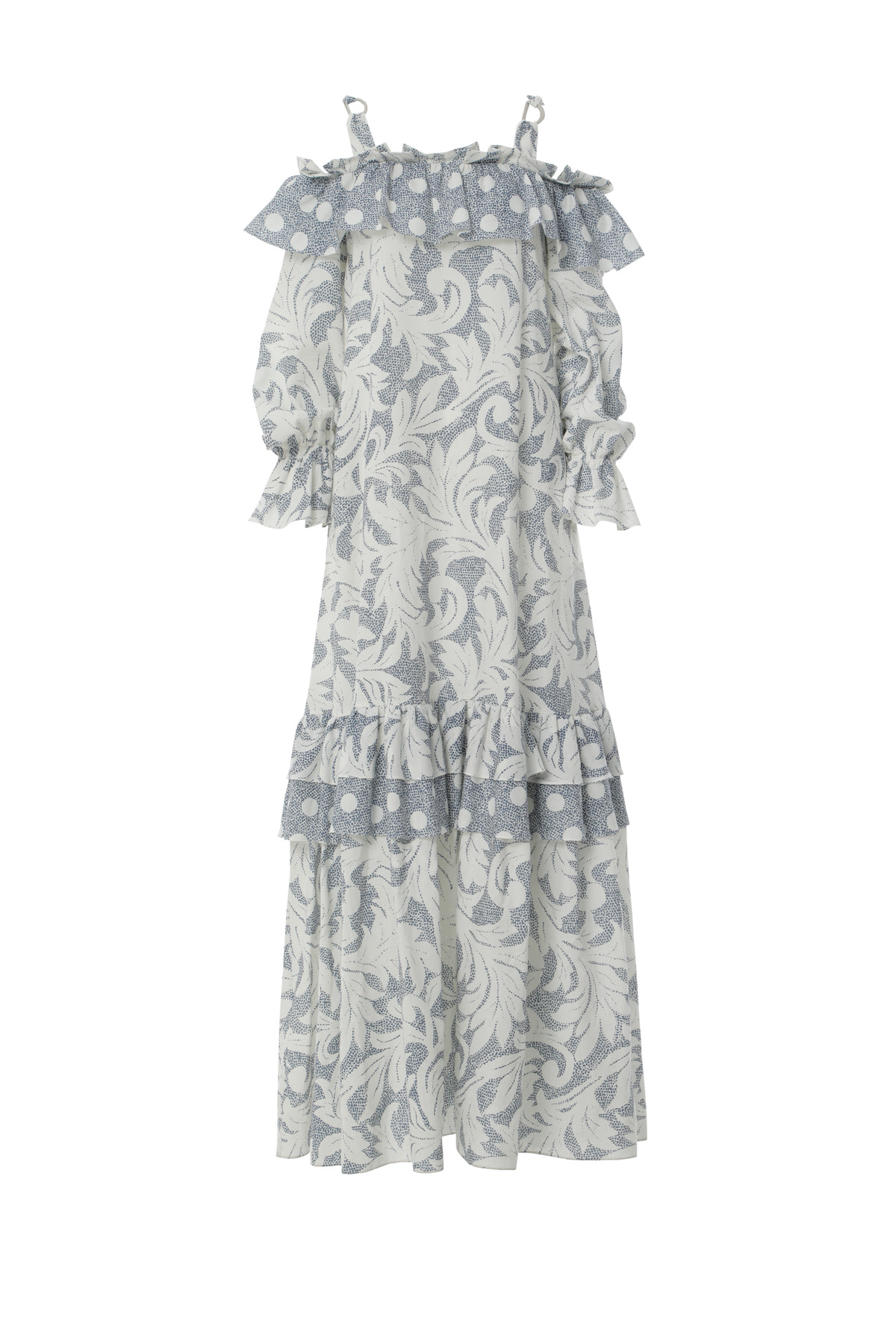 Askılı Volan Detaylı Desenli Uzun Elbise