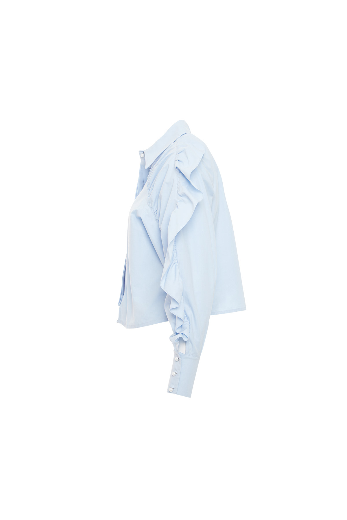 Fırfırlı Ve Büzgülü Kollu İnci Düğmeli Mavi Gömlek