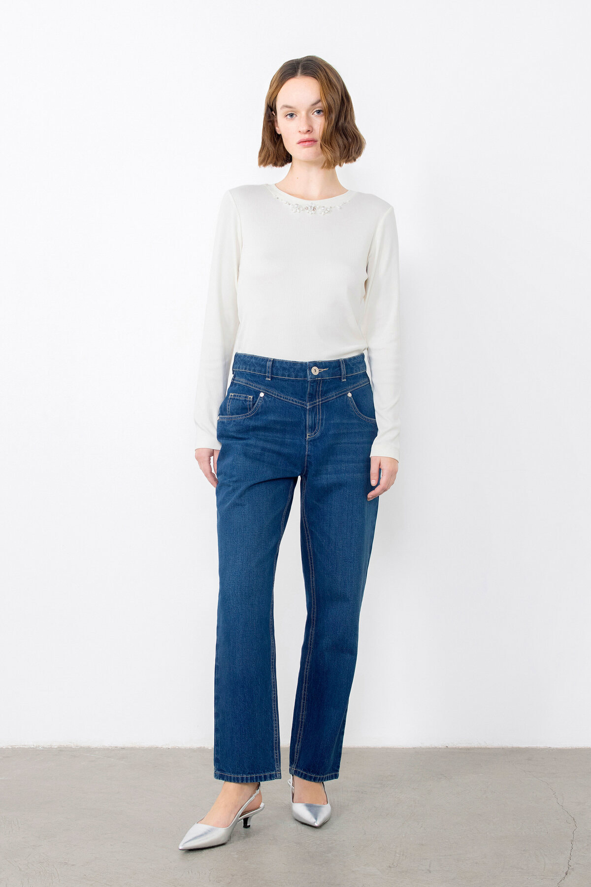 Yakası İşleme Detaylı Uzun Kollu Basic Somon T-shirt