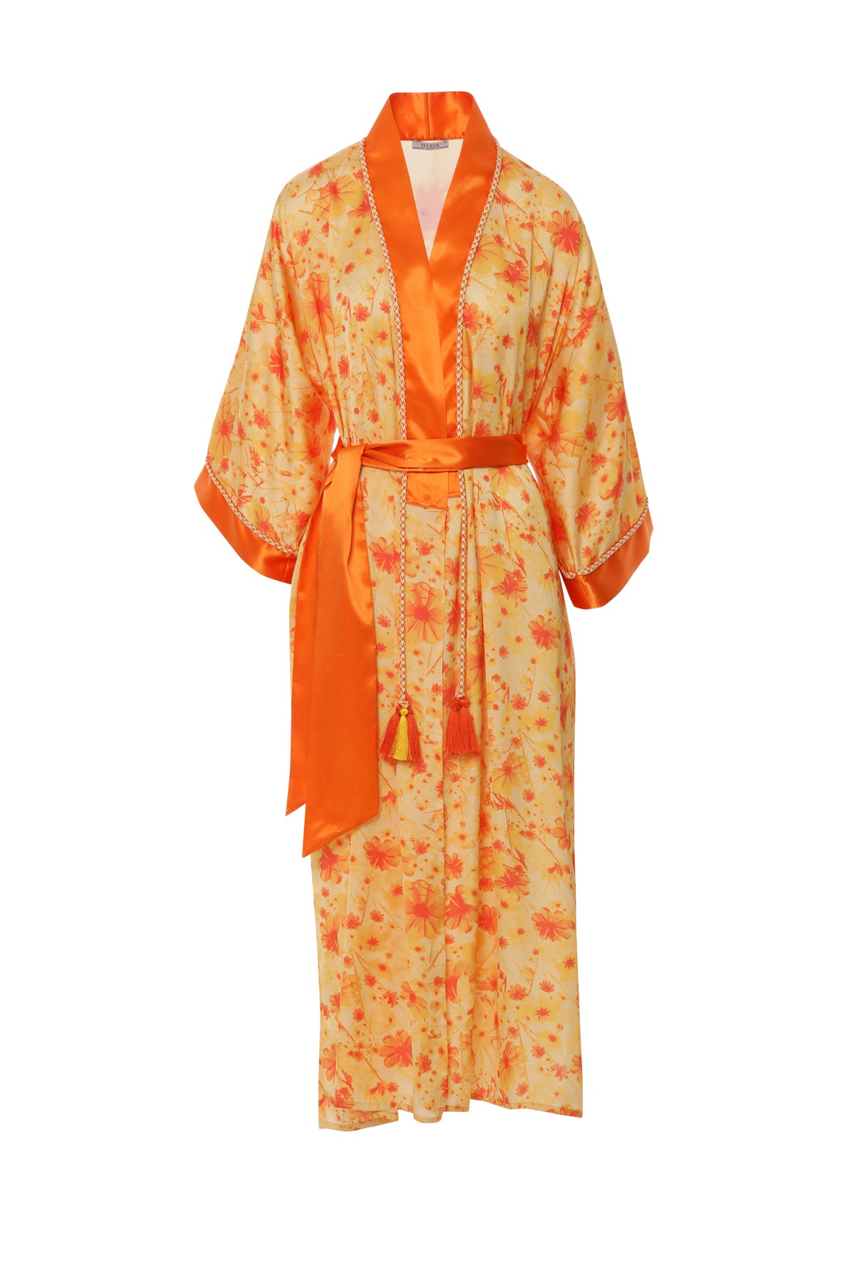 Özel Desen Arkası Yazı Baskılı Seyyar Kuşaklı Çiçekli Kimono