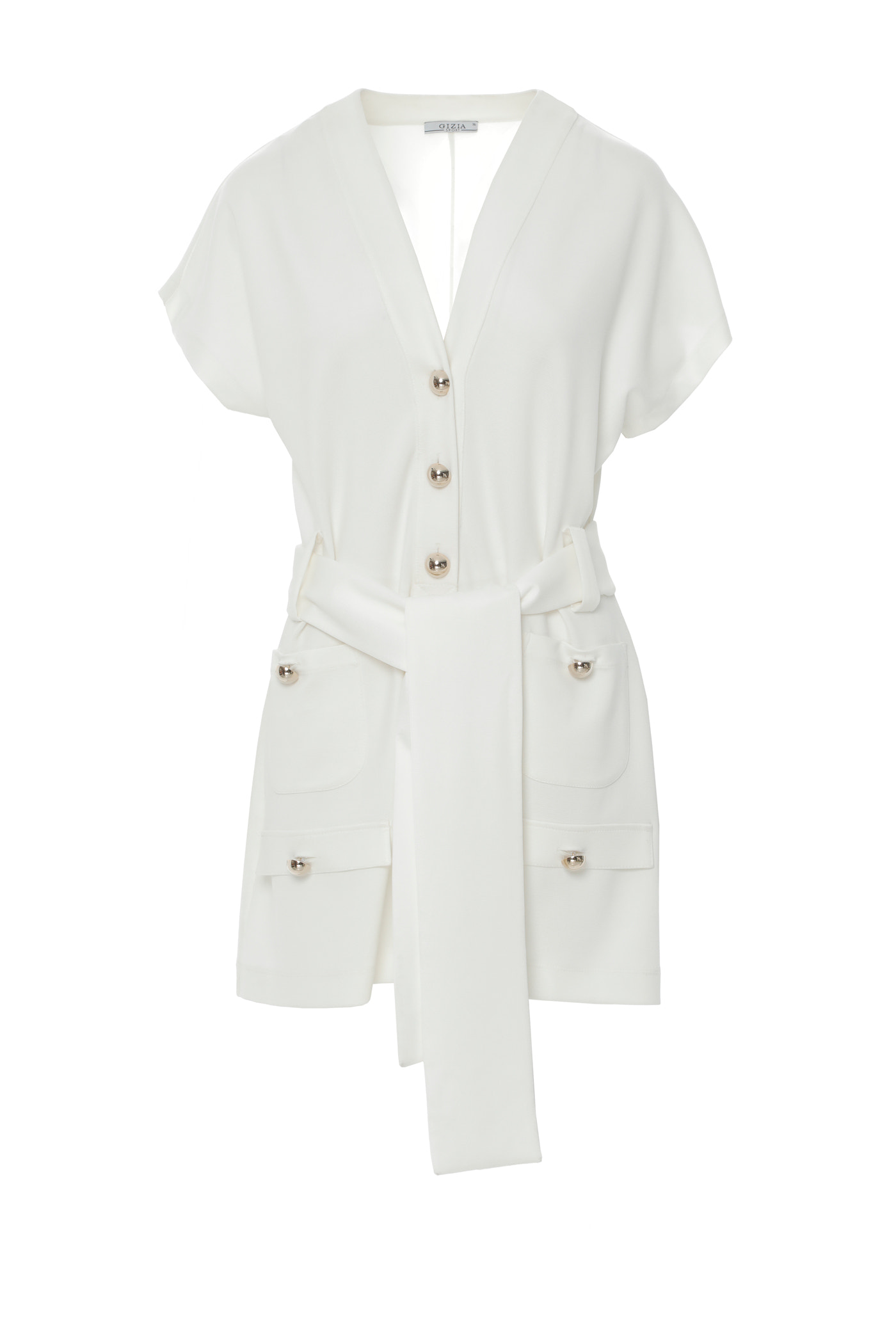 Düğme Detaylı Belden Kuşaklı Kısa Tulum