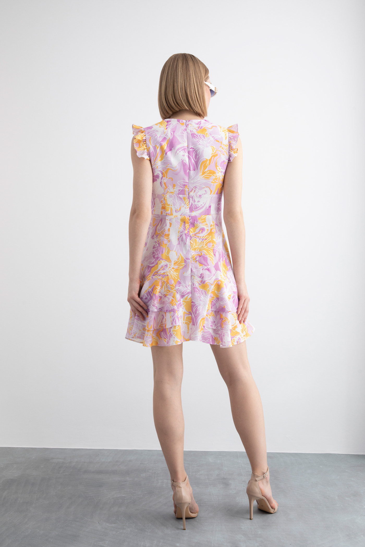 Kol Fırfır Detaylı Manolya Desenli Mini Elbise