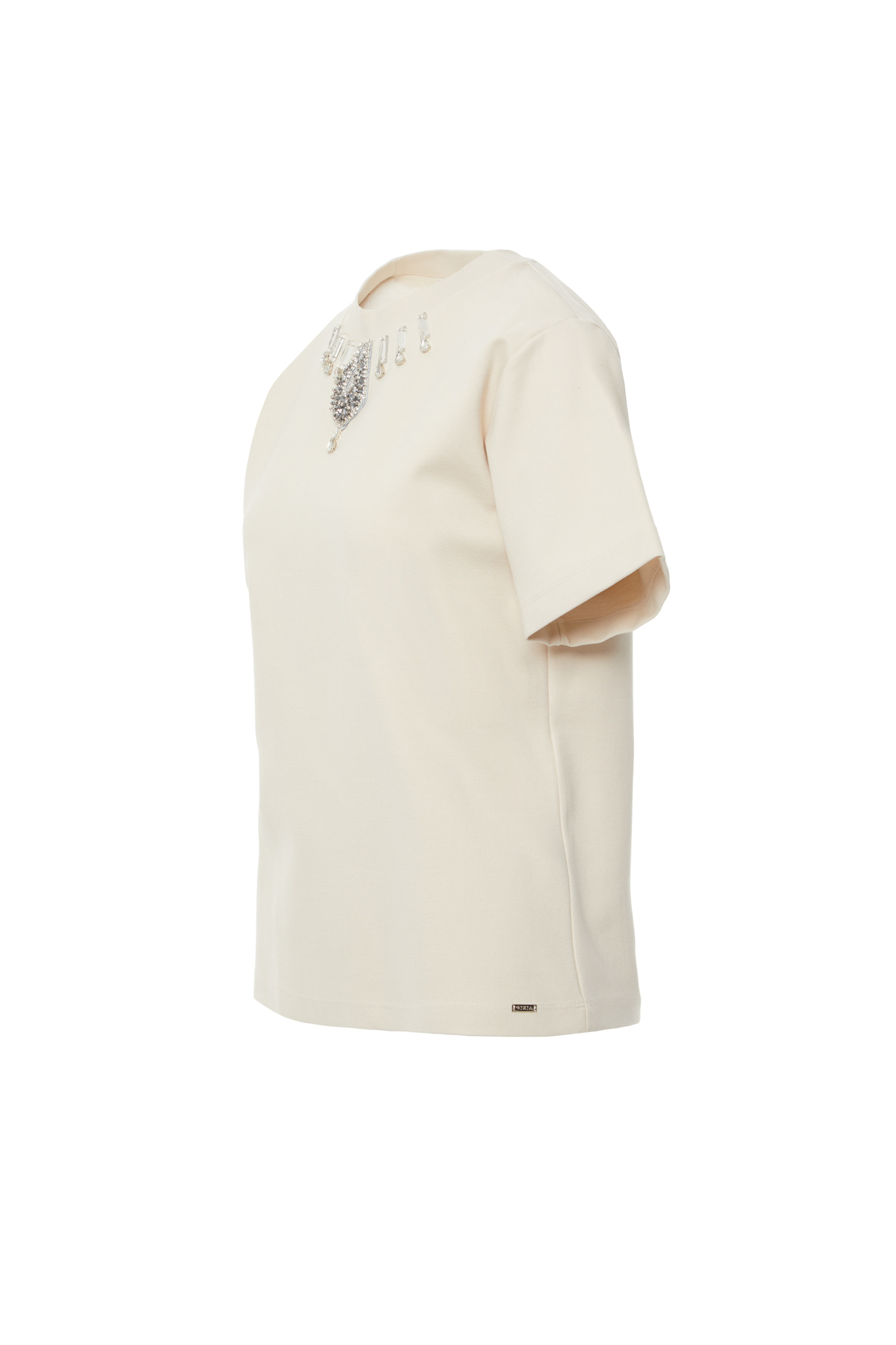 Yakası İşleme Detaylı Kısa Kollu Basic Fildişi T-shirt
