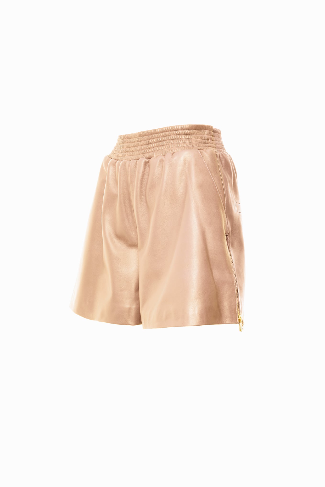 Beli Lastikli Yandan Fermuar Yırtmaçlı Pudra Deri Şort