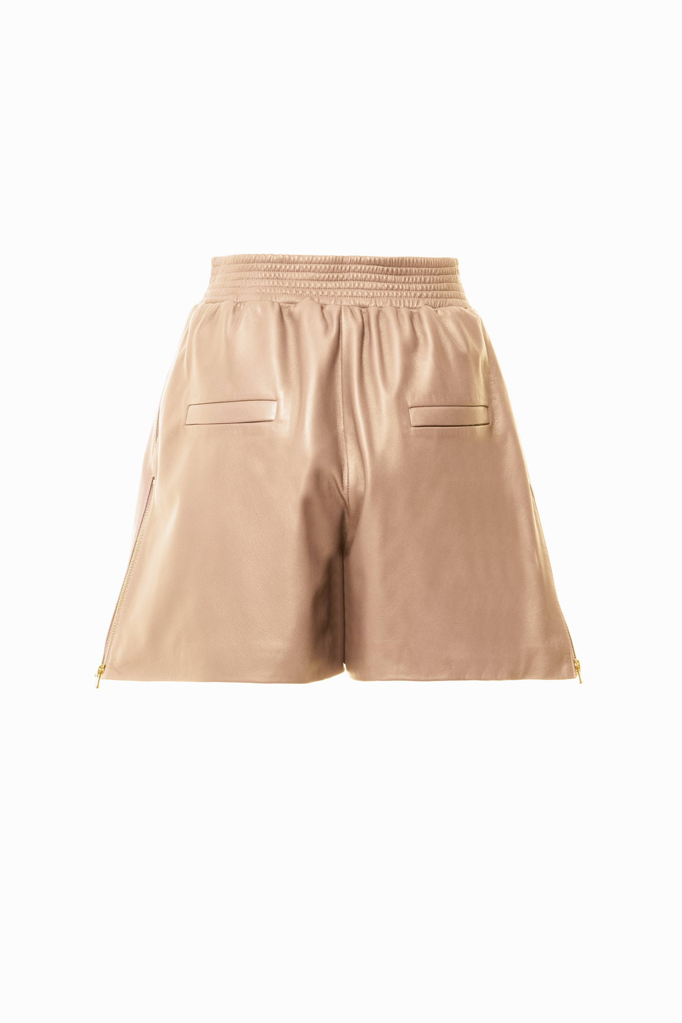 Beli Lastikli Yandan Fermuar Yırtmaçlı Pudra Deri Şort