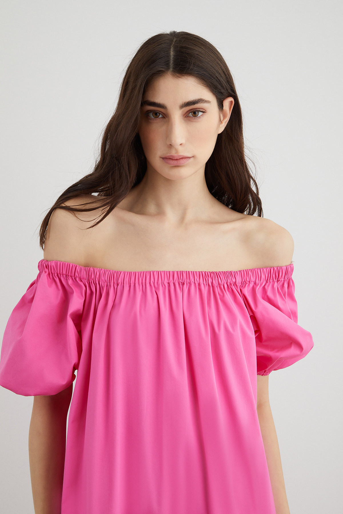 Çizgili Şerit Detaylı Kayık Yaka Poplin Uzun Elbise