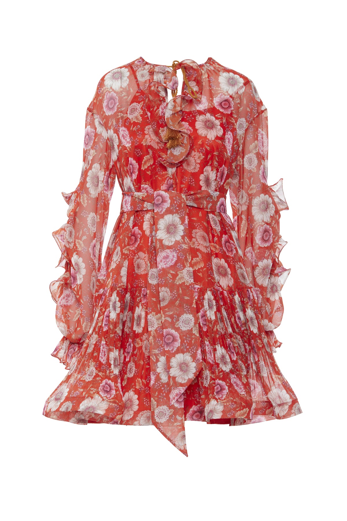 Kolda Volan Detaylı Eteği Pileli Mini Desenli Elbise