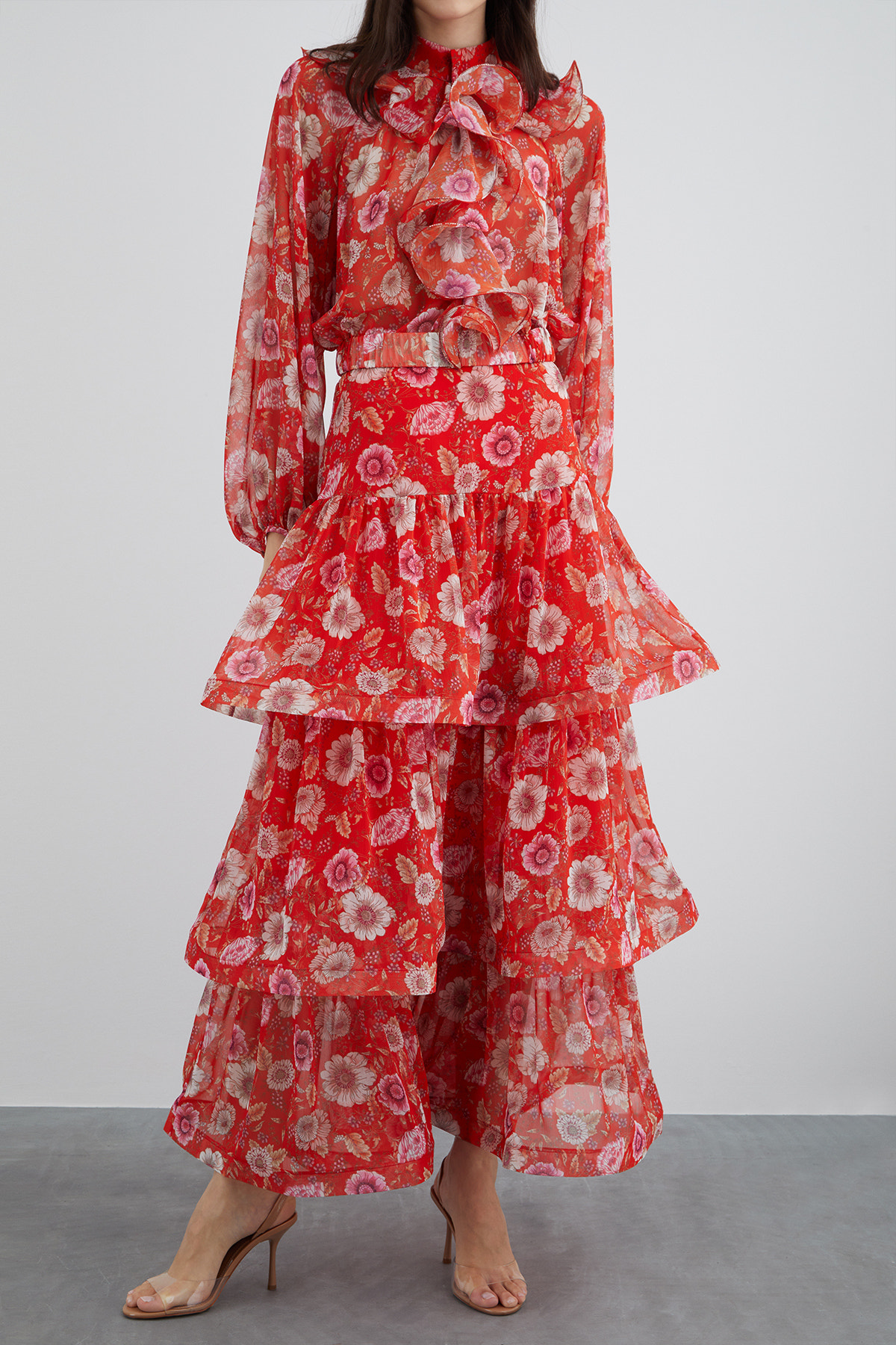 Büzgülü Volanlı Çiçekli Şifon Etek