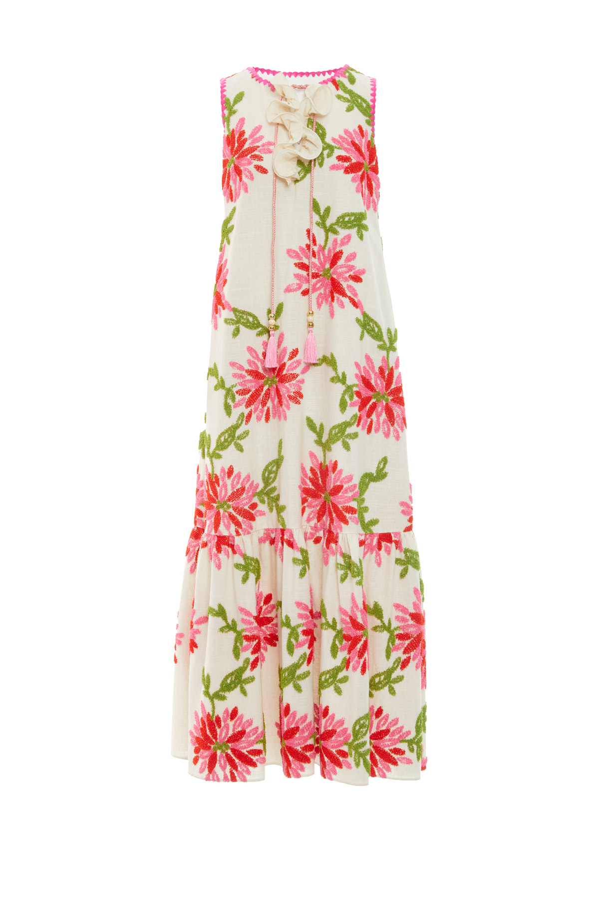 Yakası Fırfırlı Desenli Uzun Elbise