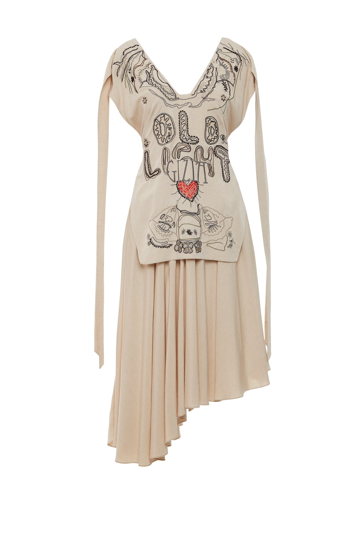 V Yakalı Asimetrik Keten Elbise