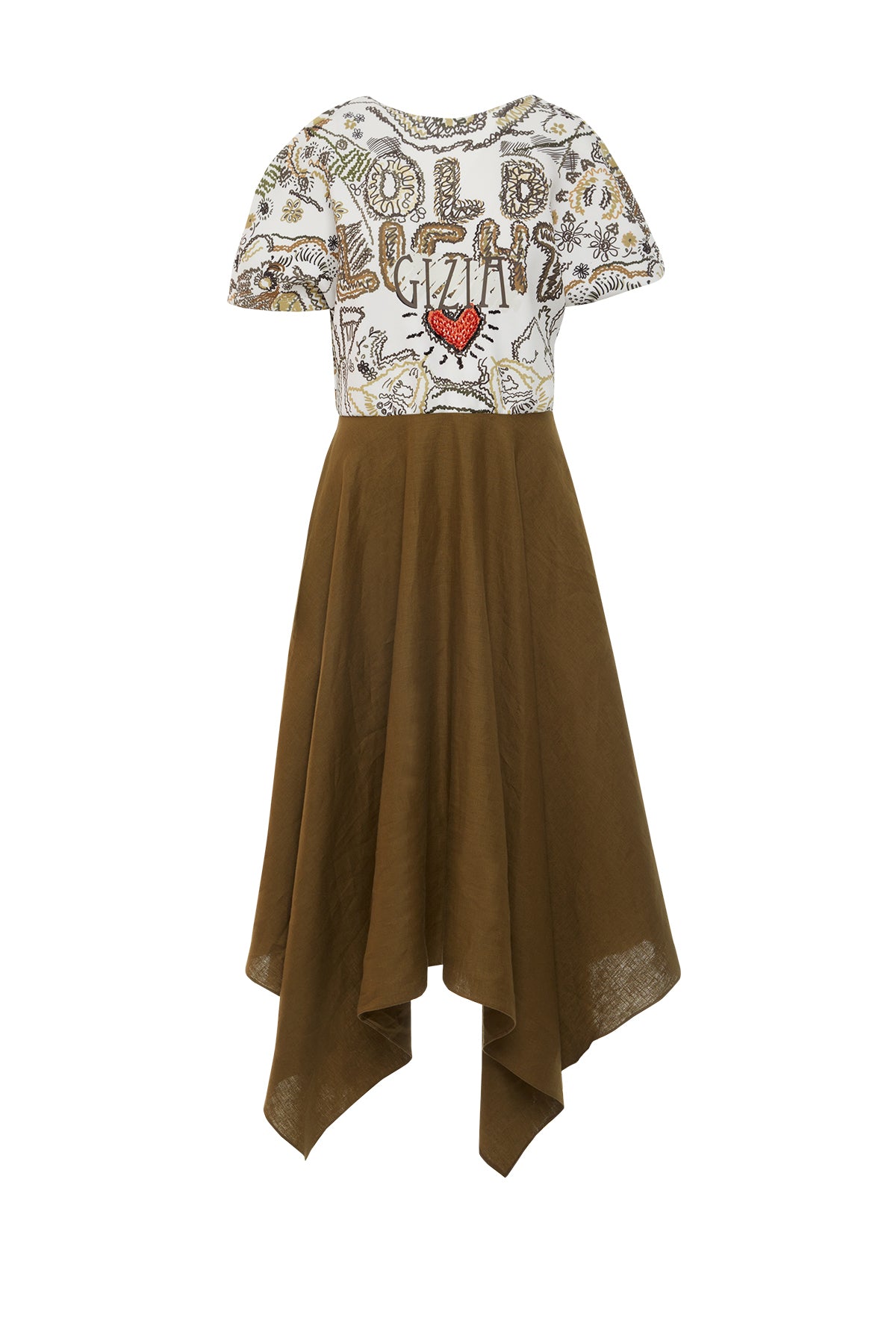 Yuvarlak Yakalı Kısa Kollu İşlemeli Asimetrik Elbise