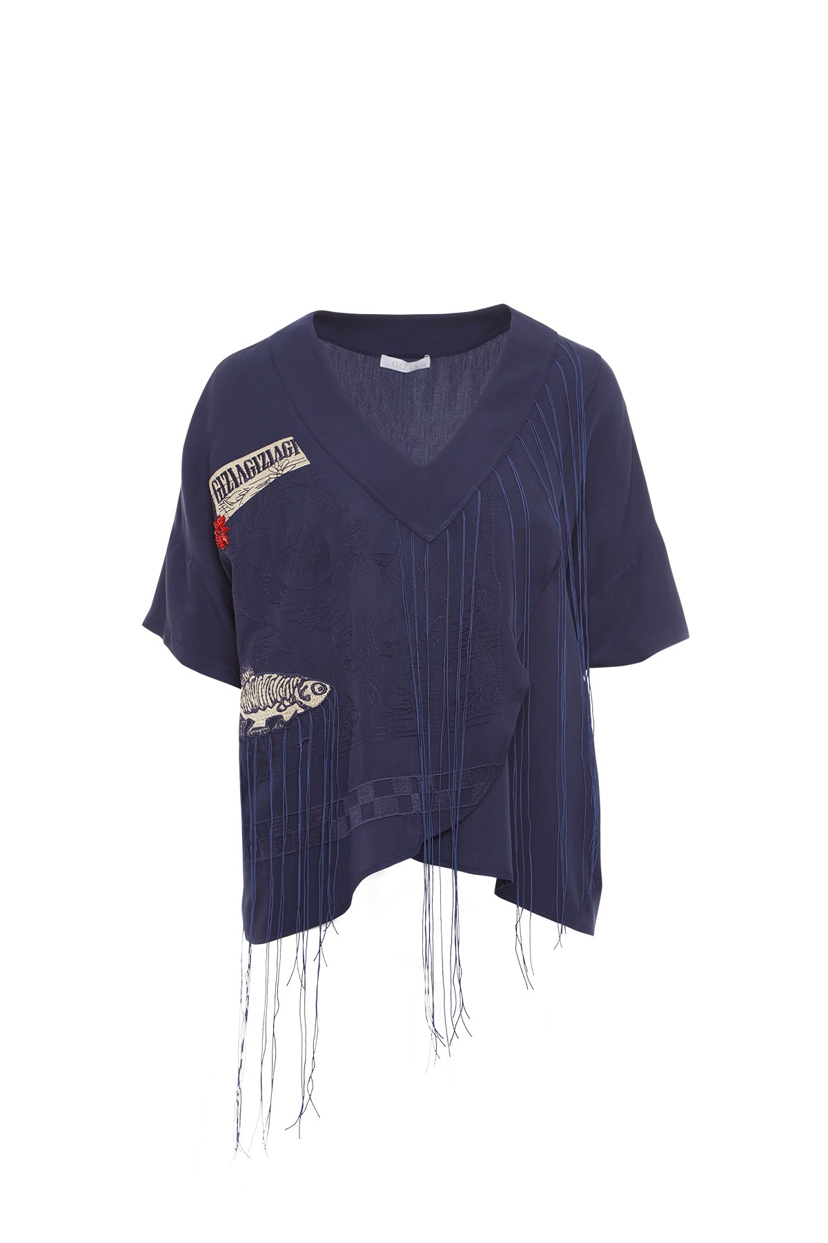 V Yakalı Düşük Omuzlu Nakışlı T-Shirt