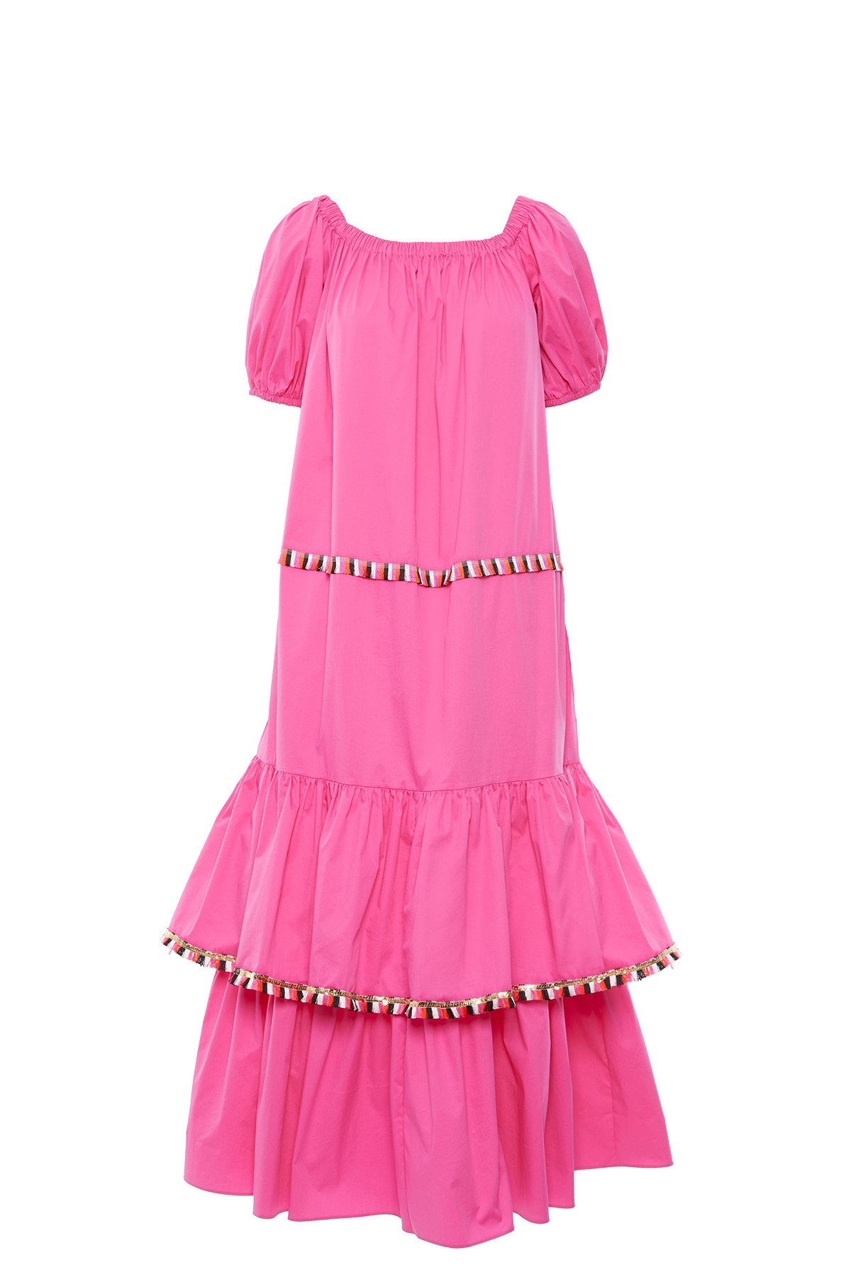 Çizgili Şerit Detaylı Kayık Yaka Poplin Uzun Elbise