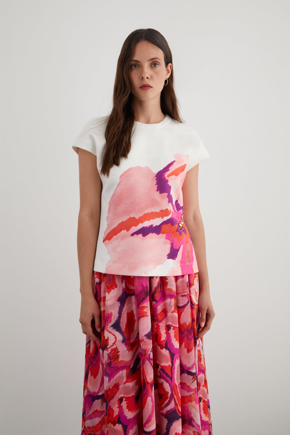 Özel Desen Kısa Kollu Scuba Bluz