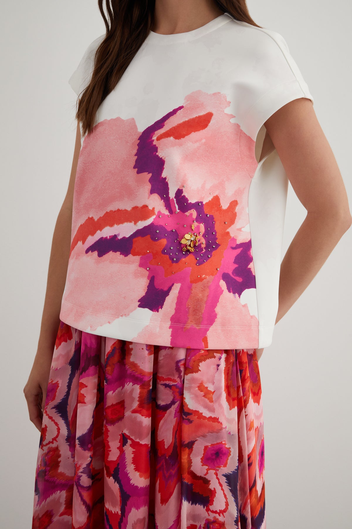 Özel Desen Kısa Kollu Scuba Bluz