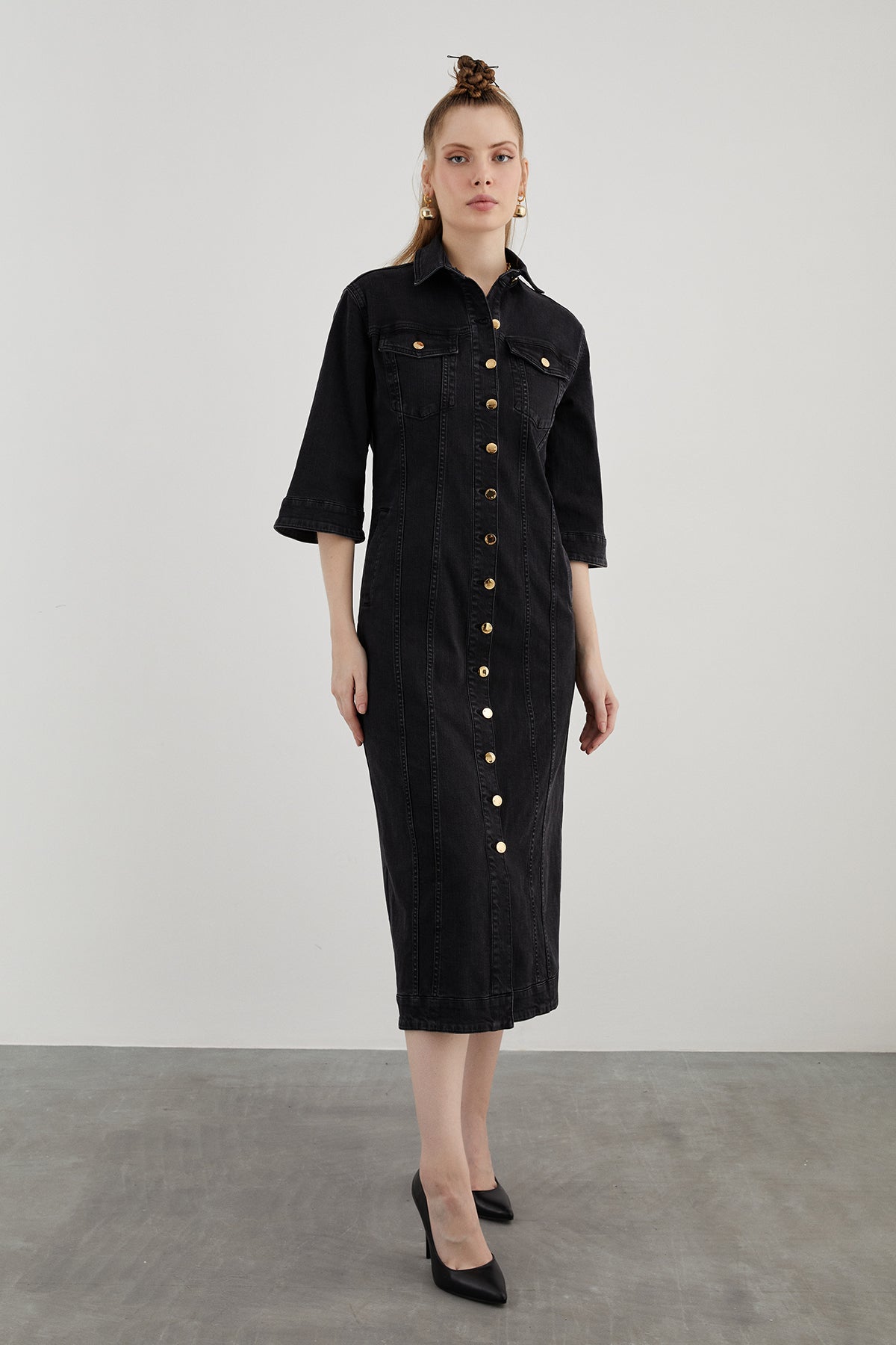 İki Cepli Truvakar Kollu Midi Boy Denim Elbise