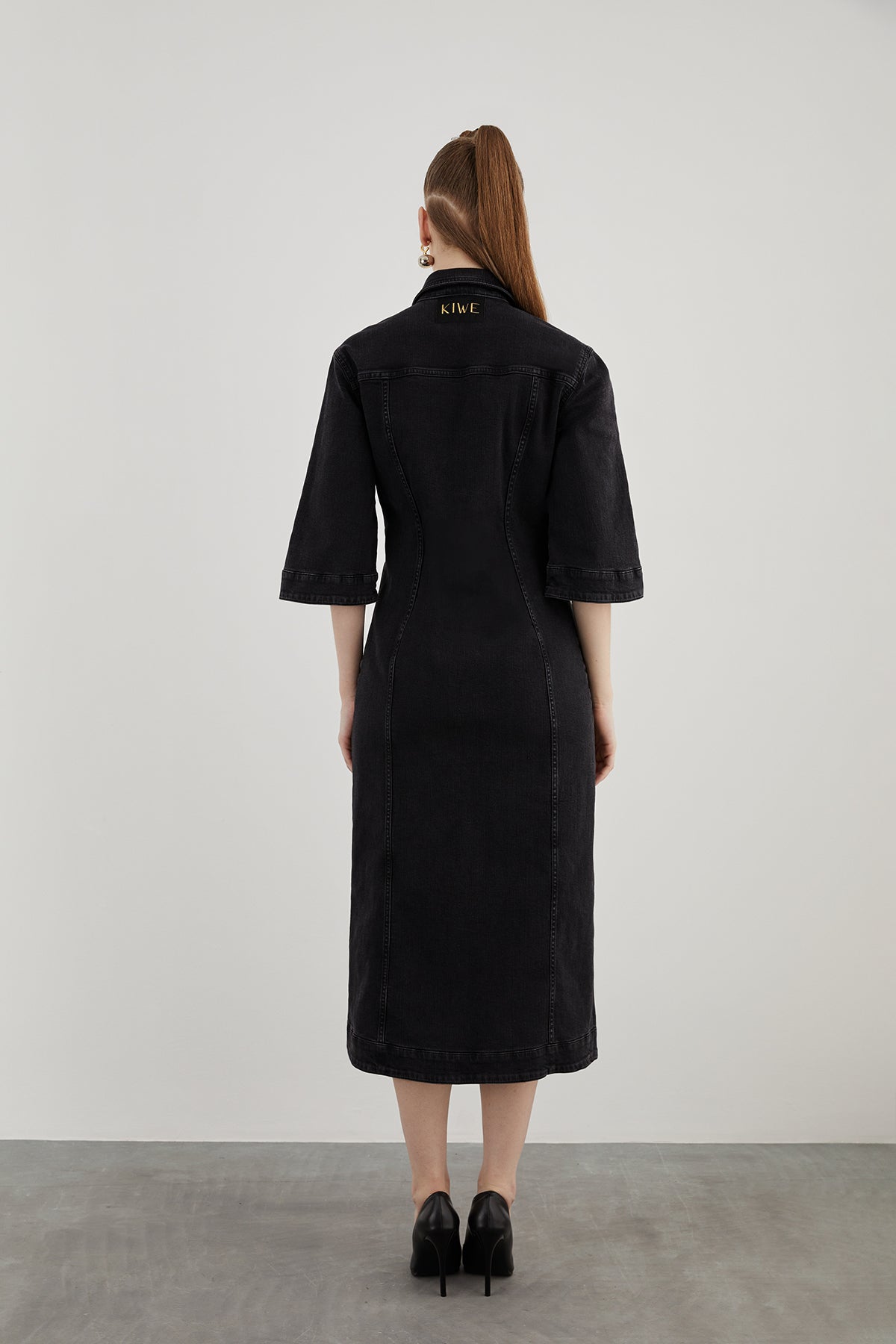 İki Cepli Truvakar Kollu Midi Boy Denim Elbise