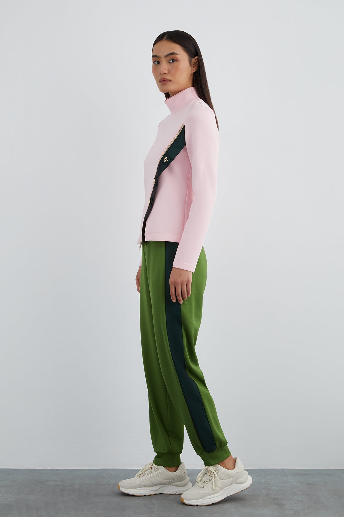 İşlemeli Düğme Detaylı Dik Yaka Scuba Uzun Kollu T-Shirt