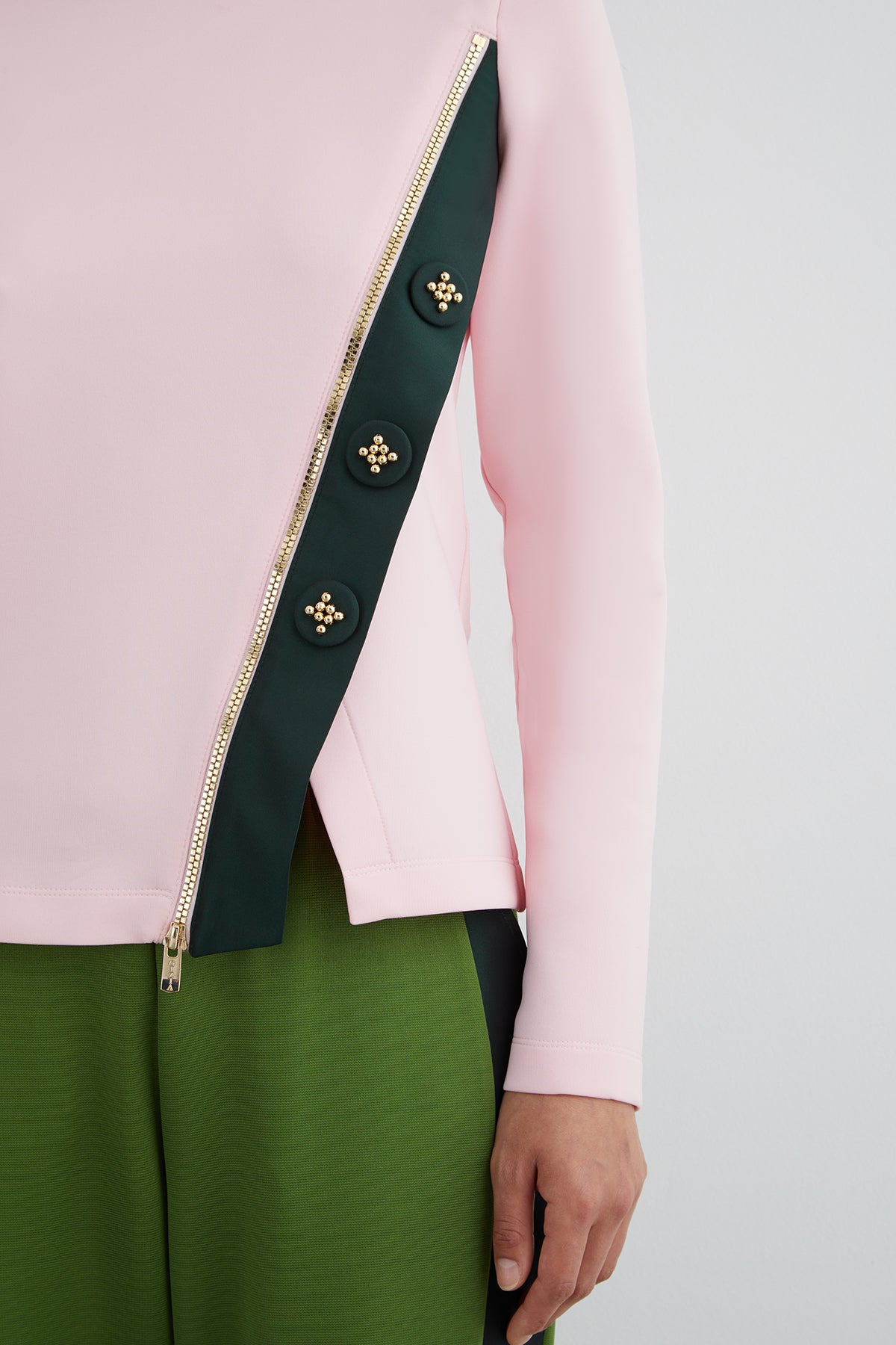 İşlemeli Düğme Detaylı Dik Yaka Scuba Uzun Kollu T-Shirt