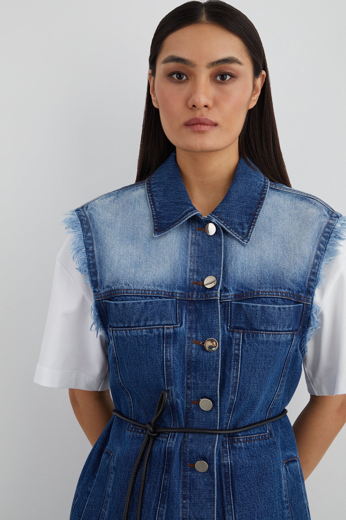 Arka Beden Etiket Detaylı Beli Kordon Bağcıklı Jean Yelek