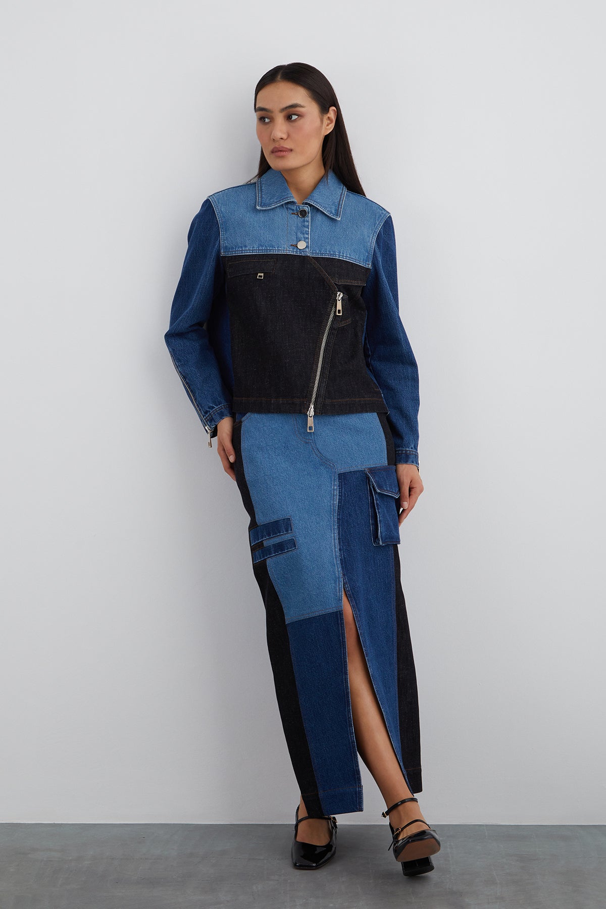 Asimetrik Çok Parçalı Jean Ceket