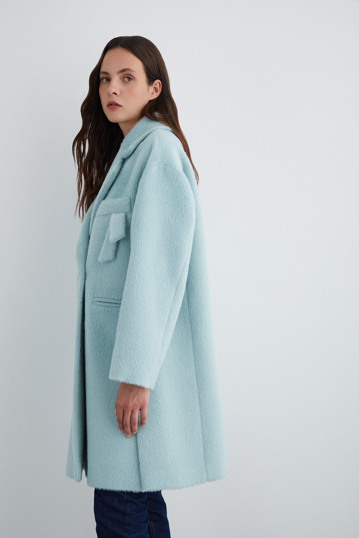 Cep Altı Model Detaylı Uzun Mint Yeşili Kaşe Kaban