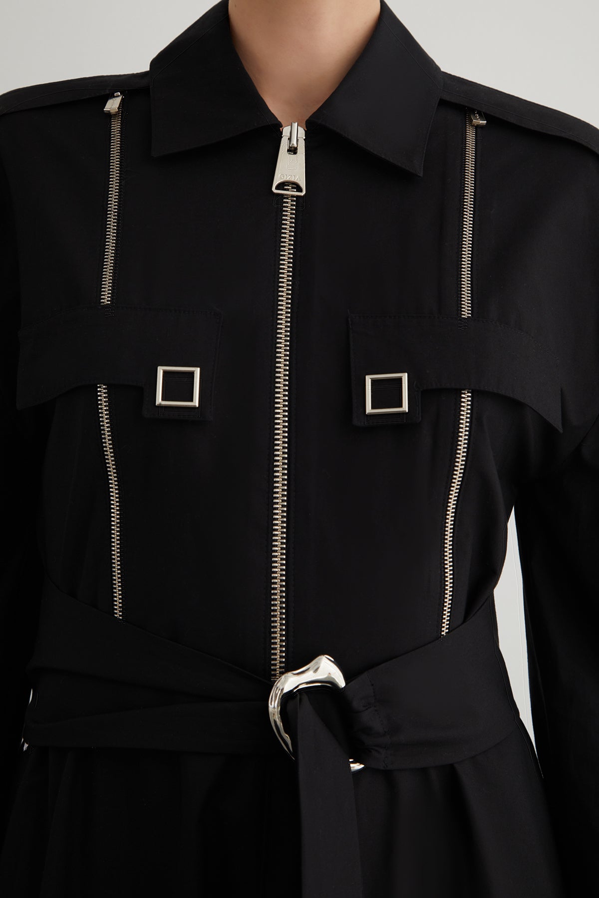 Fermuar Ve Kare Çıtçıt Detaylı Tokalı Seyyar Kuşaklı Uzun Elbise