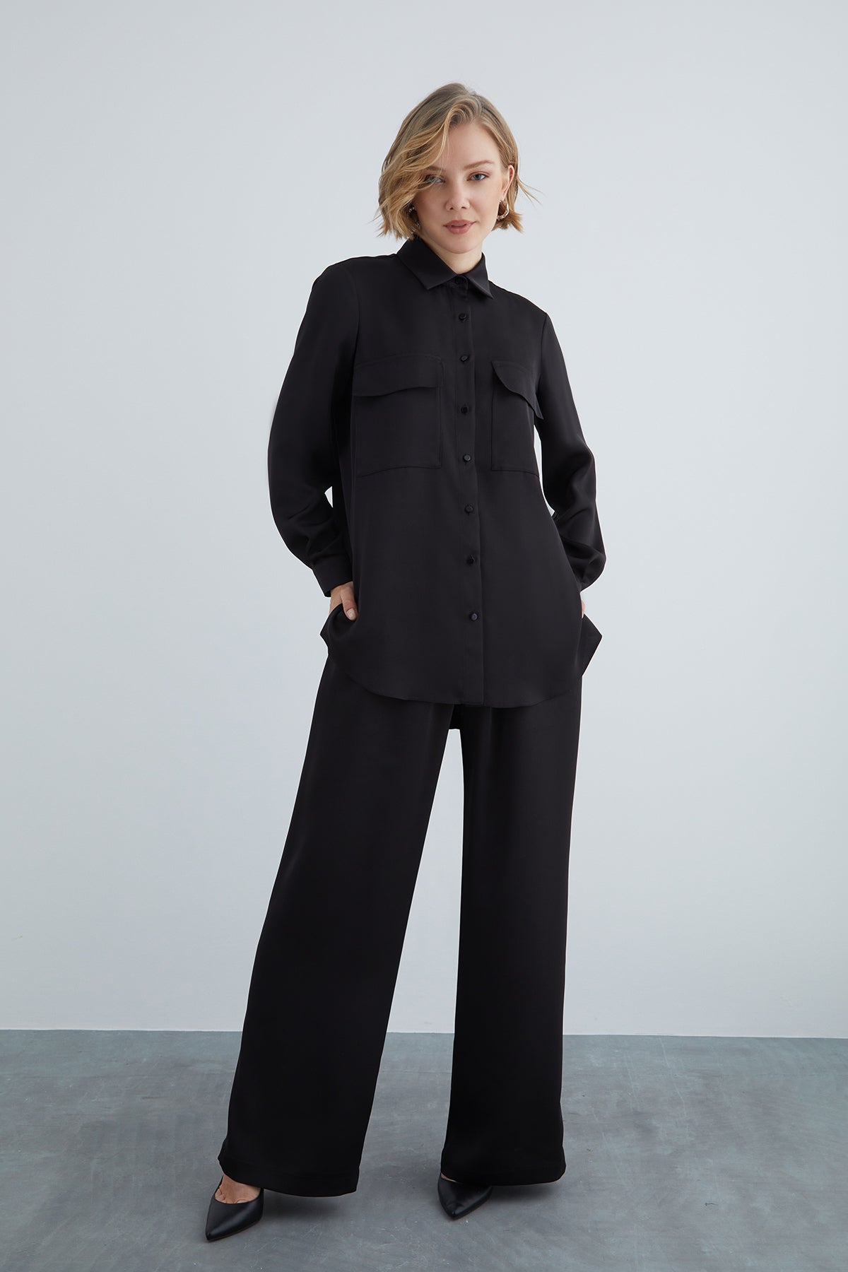 Rahat Kesim Gömlek Ve Beli Lastikli Geniş Paça Pijama Takımı