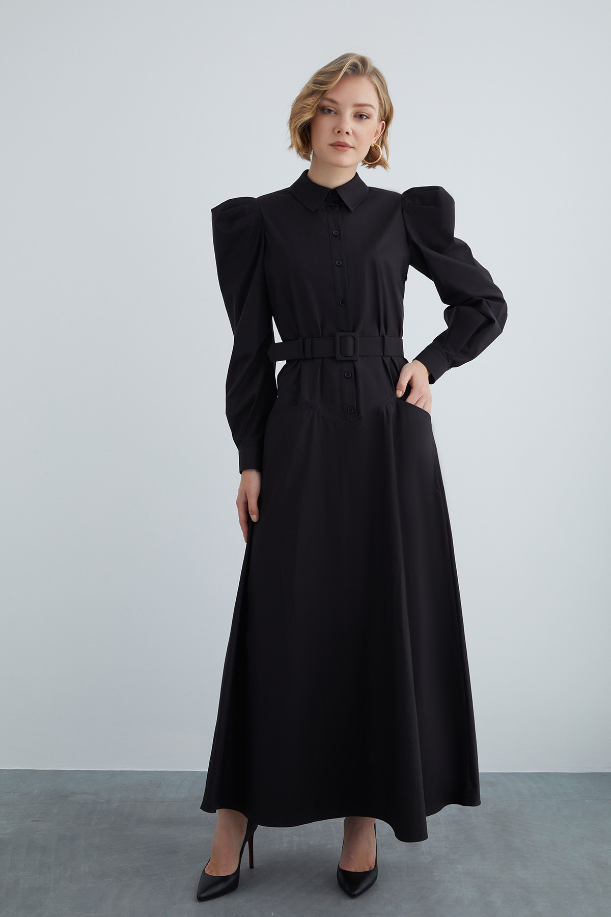 Kemer Detaylı Cepli Maxi Elbise