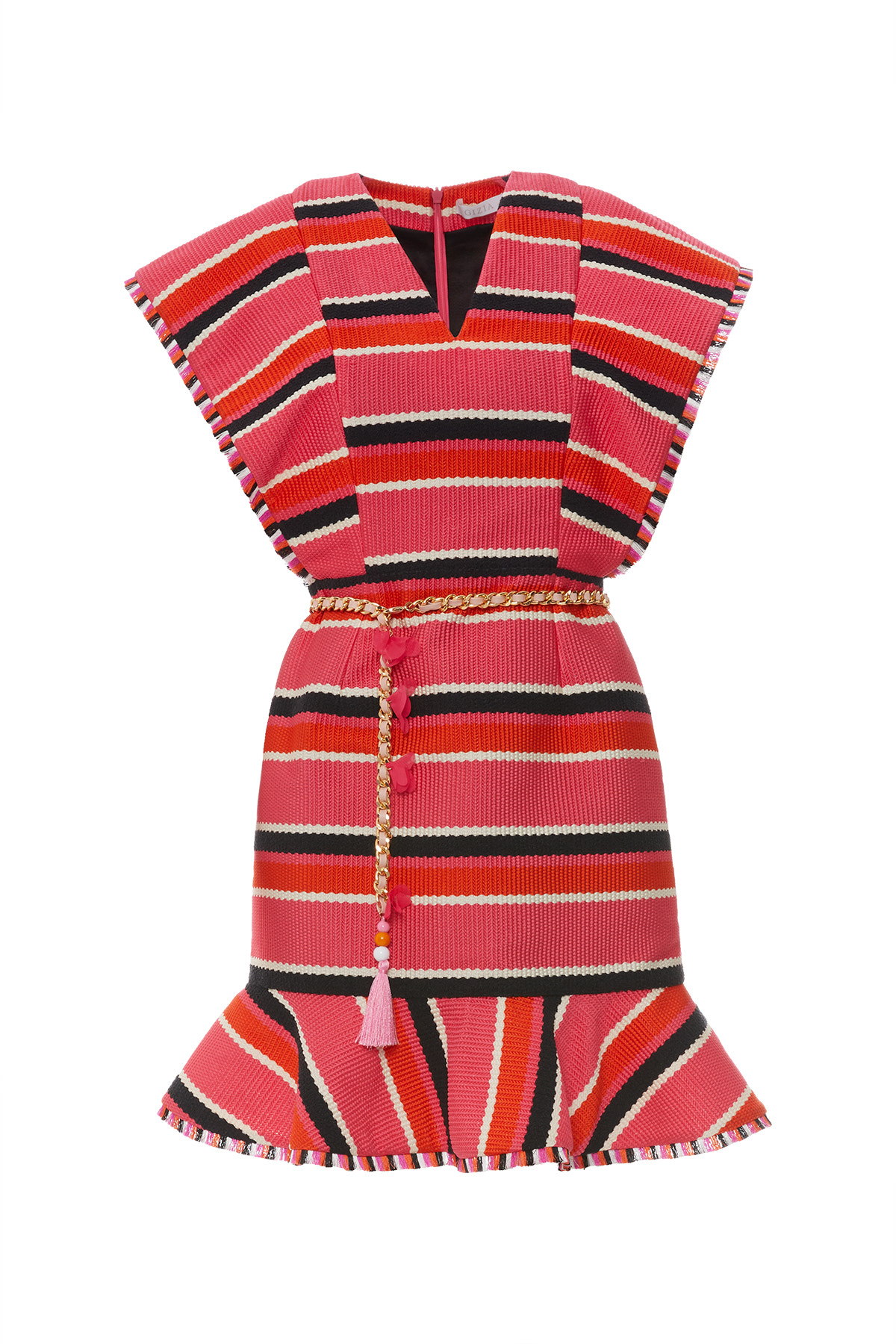 Püskül Detaylı Zincir Kemerli Mini Organze Elbise