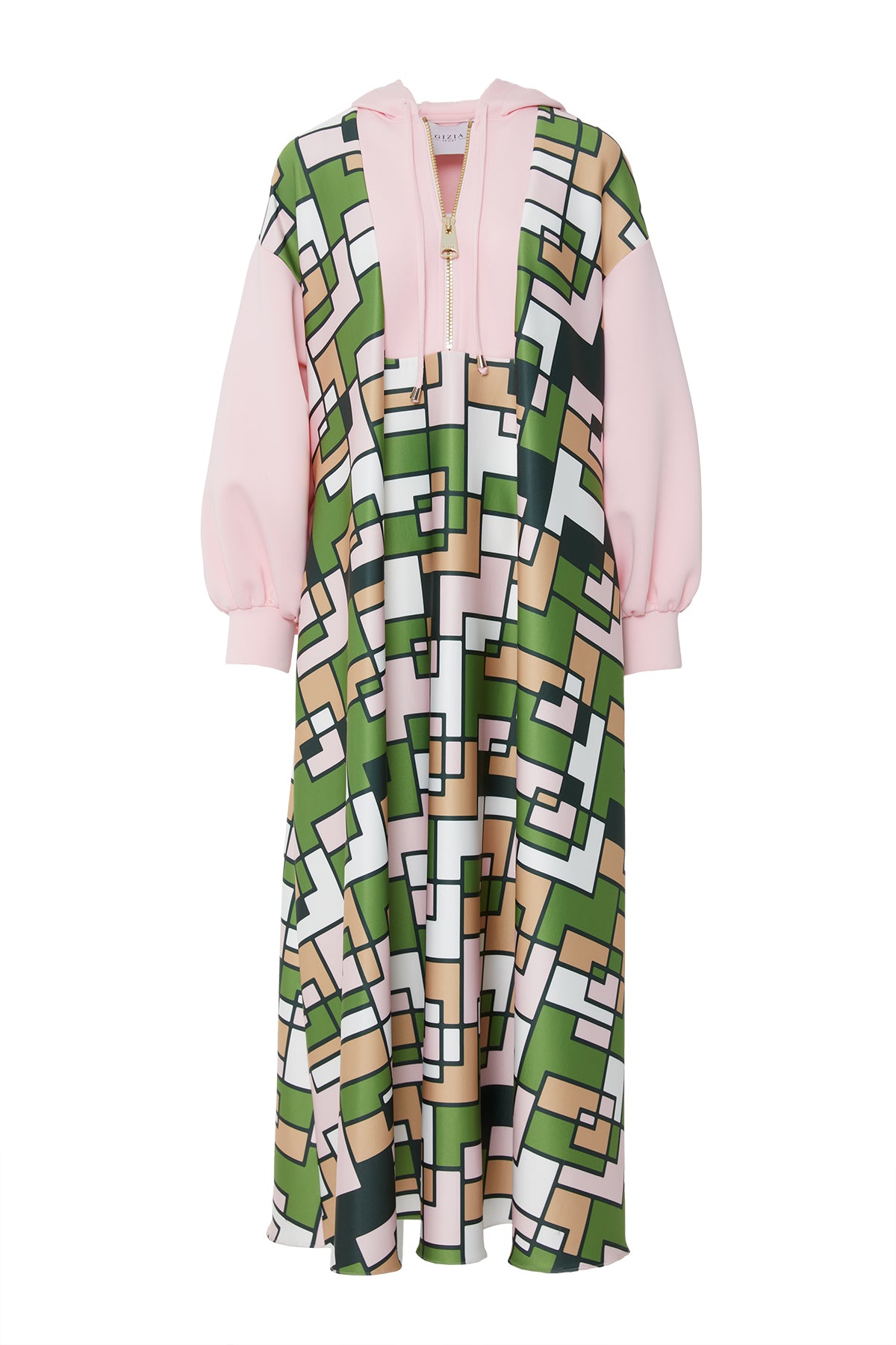 Fermuar Detaylı Kapüşonlu Özel Desen Scuba Elbise