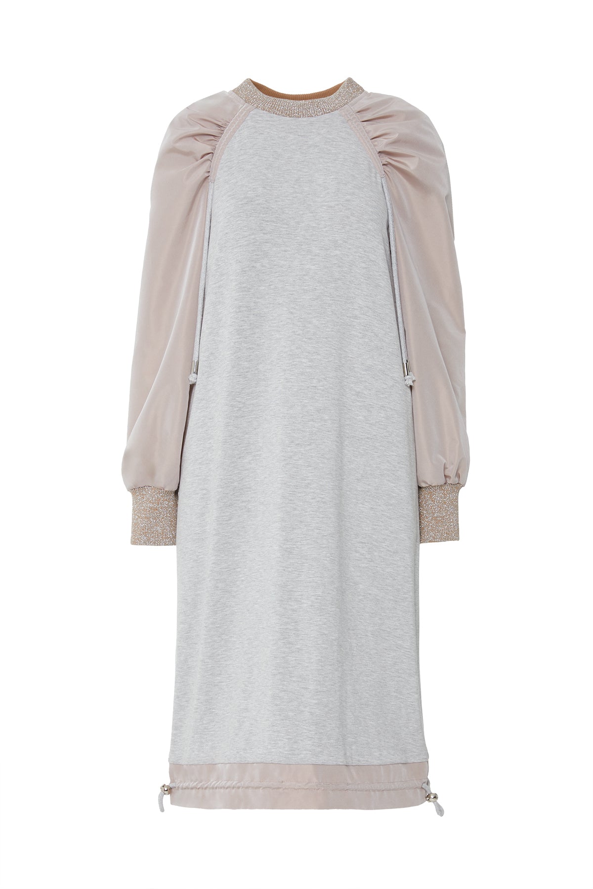 Yakası Boncuklu Kordon Detaylı Eteği Büzülebilir Tafta Kollu Uzun Elbise