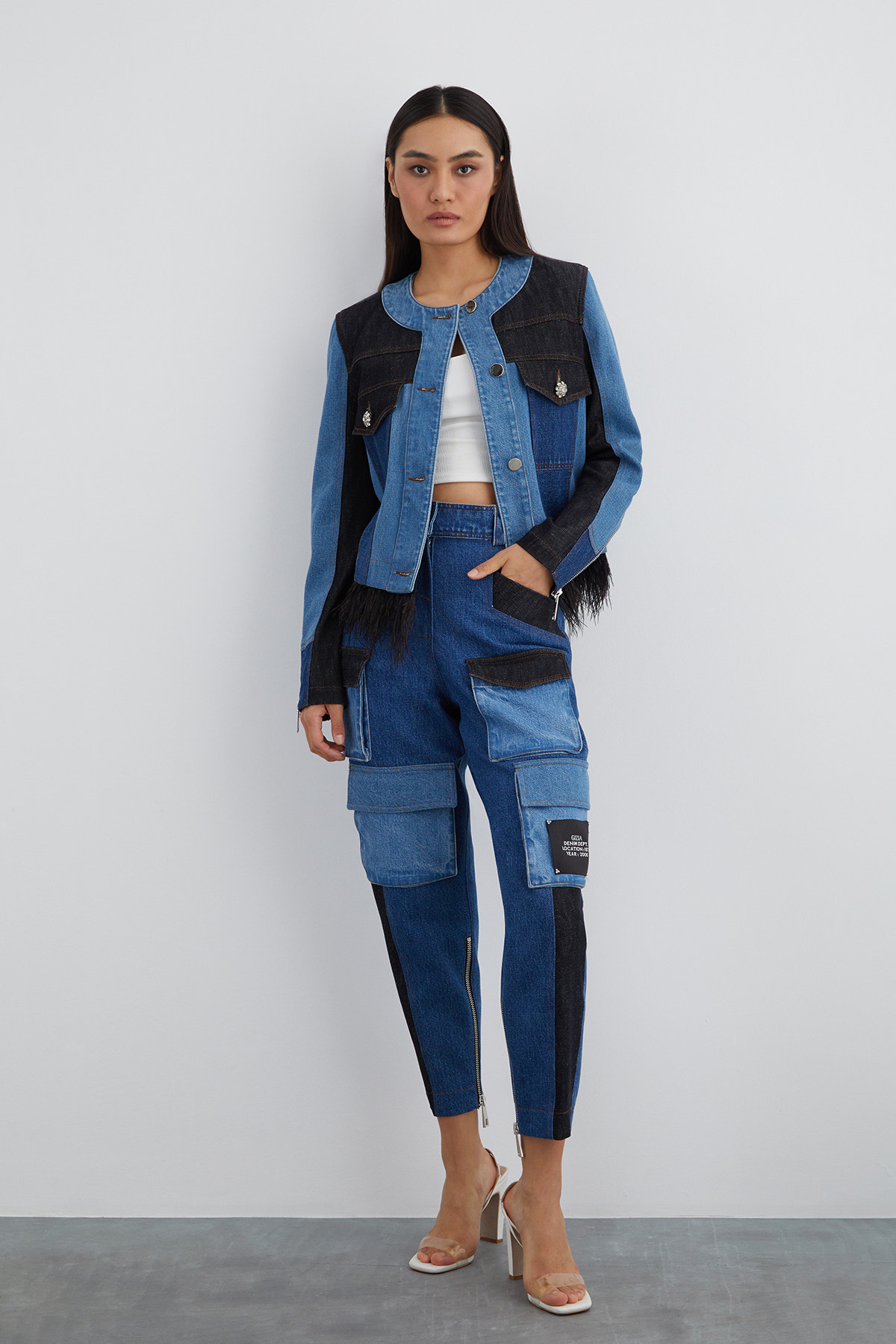 İki Renkli Püsküllü Jean Ceket