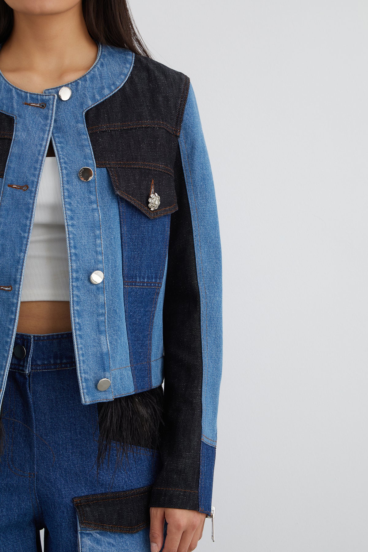 İki Renkli Püsküllü Jean Ceket