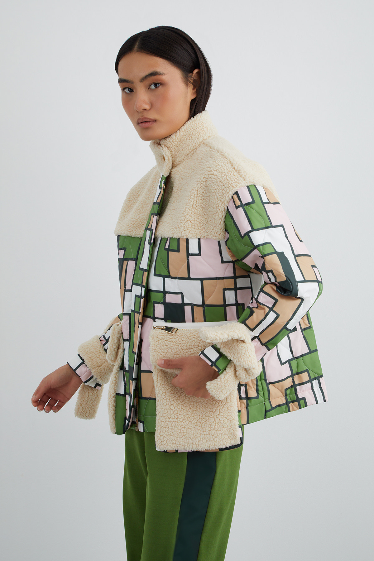 Renk Bloklu Renli Tüylü Ceket