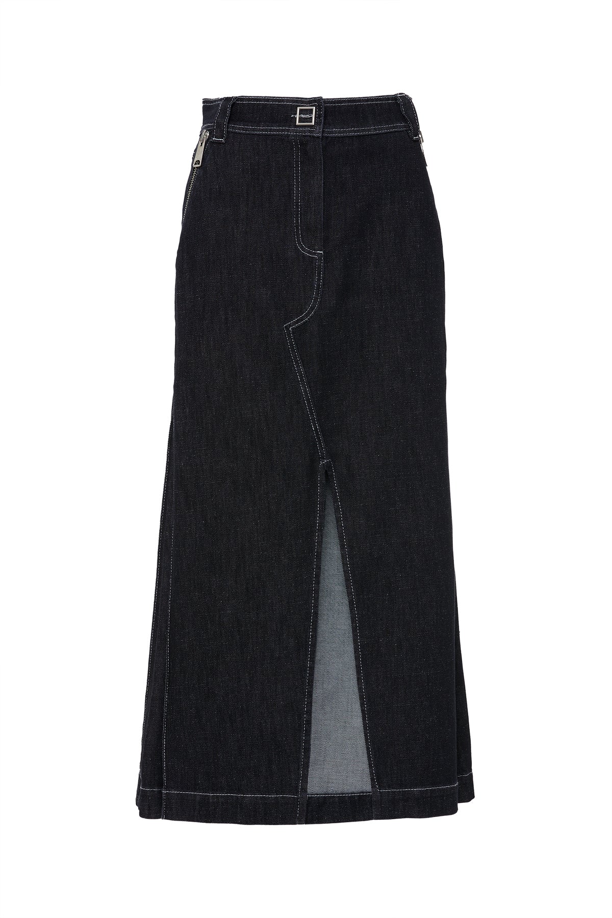 Fermuarlı Cep Detaylı Önü Yırtmaçlı Midi Boy Jean Etek