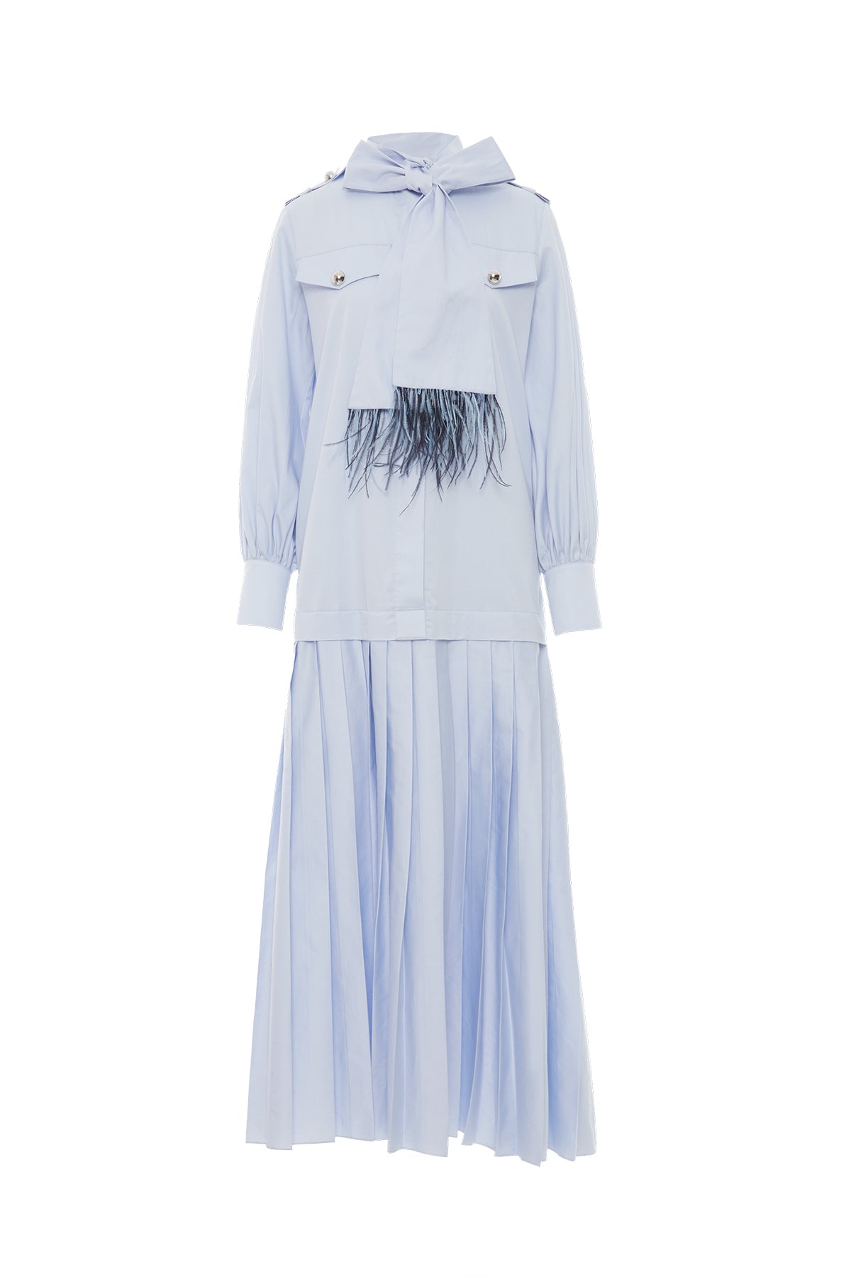 Yakası Bağlama Detaylı Piliseli Uzun Elbise