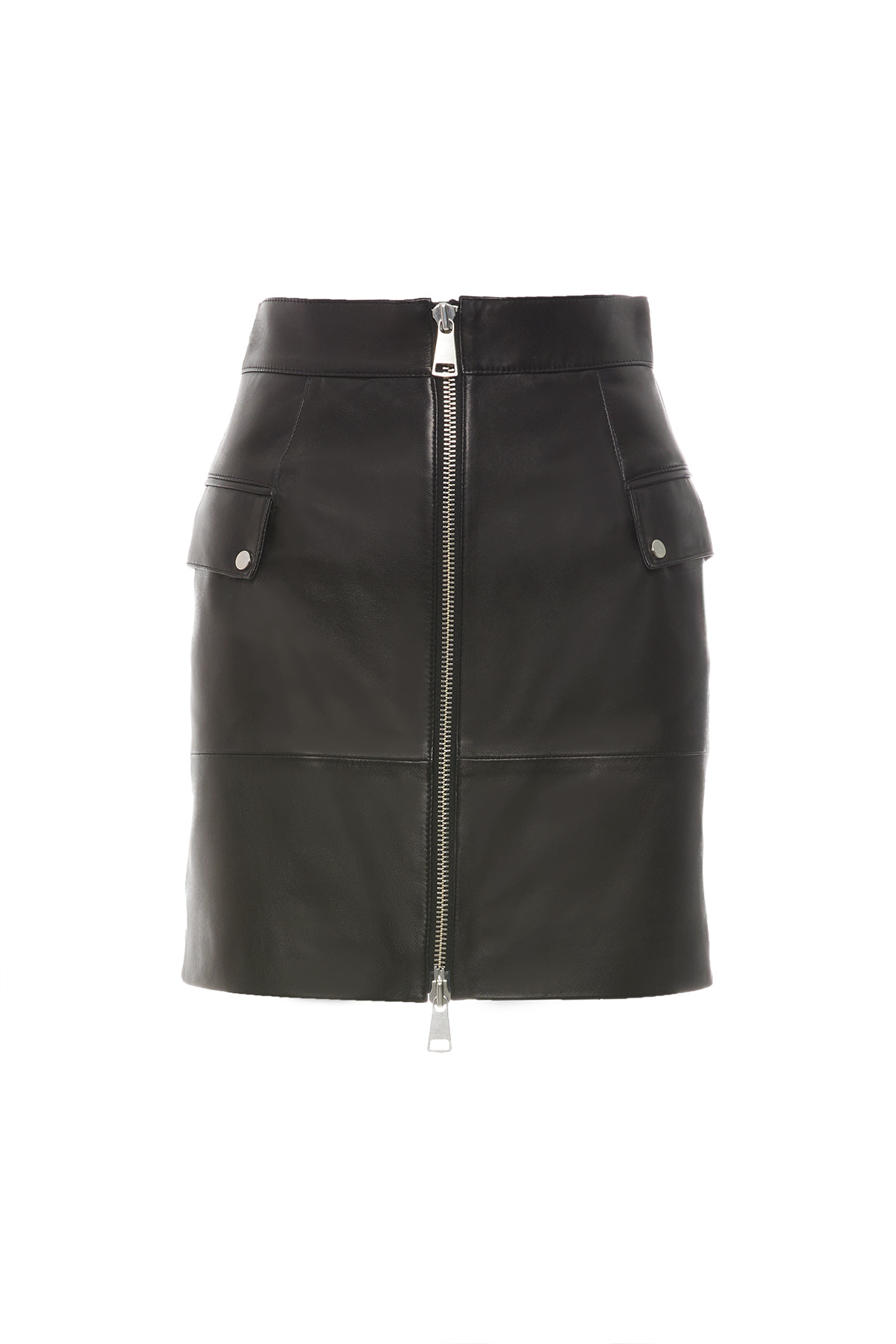 Cep Kapak Detaylı Önden Fermuarlı Deri Etek