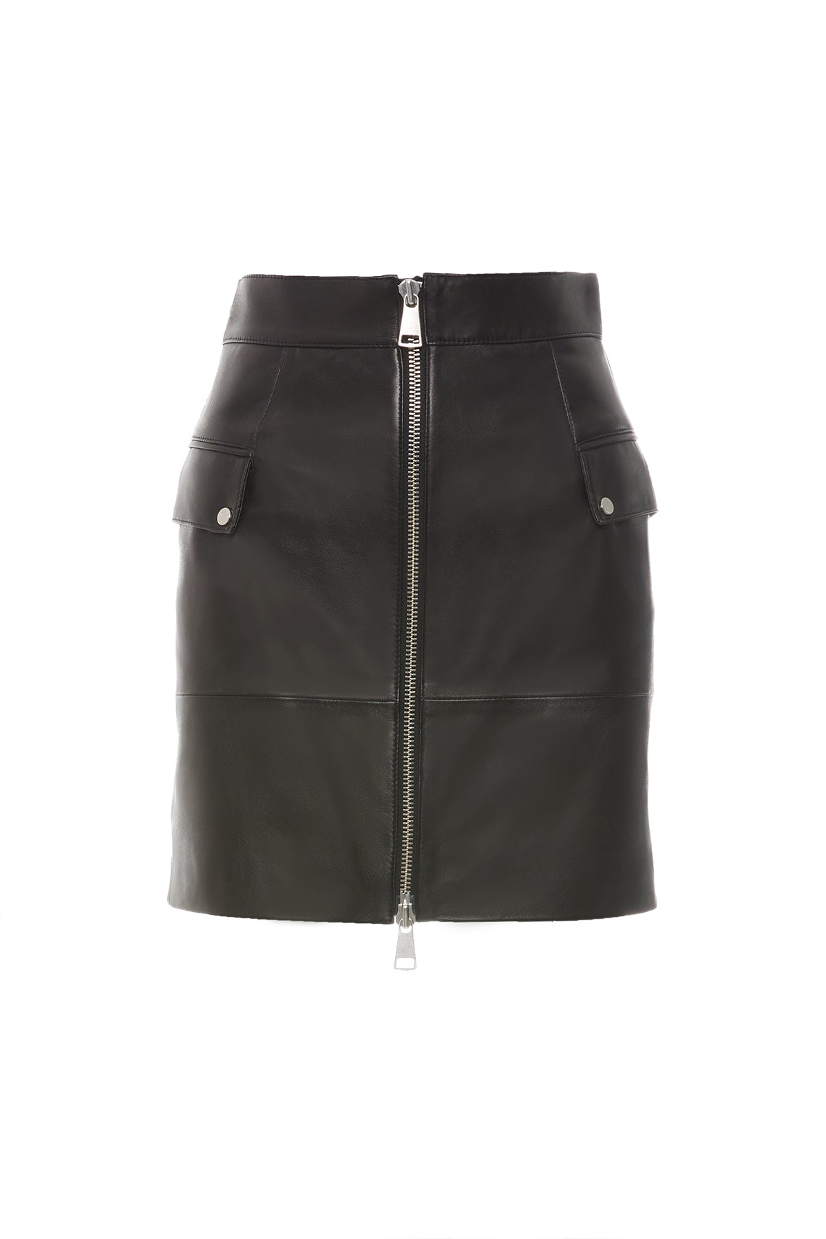 Cep Kapak Detaylı Önden Fermuarlı Deri Etek