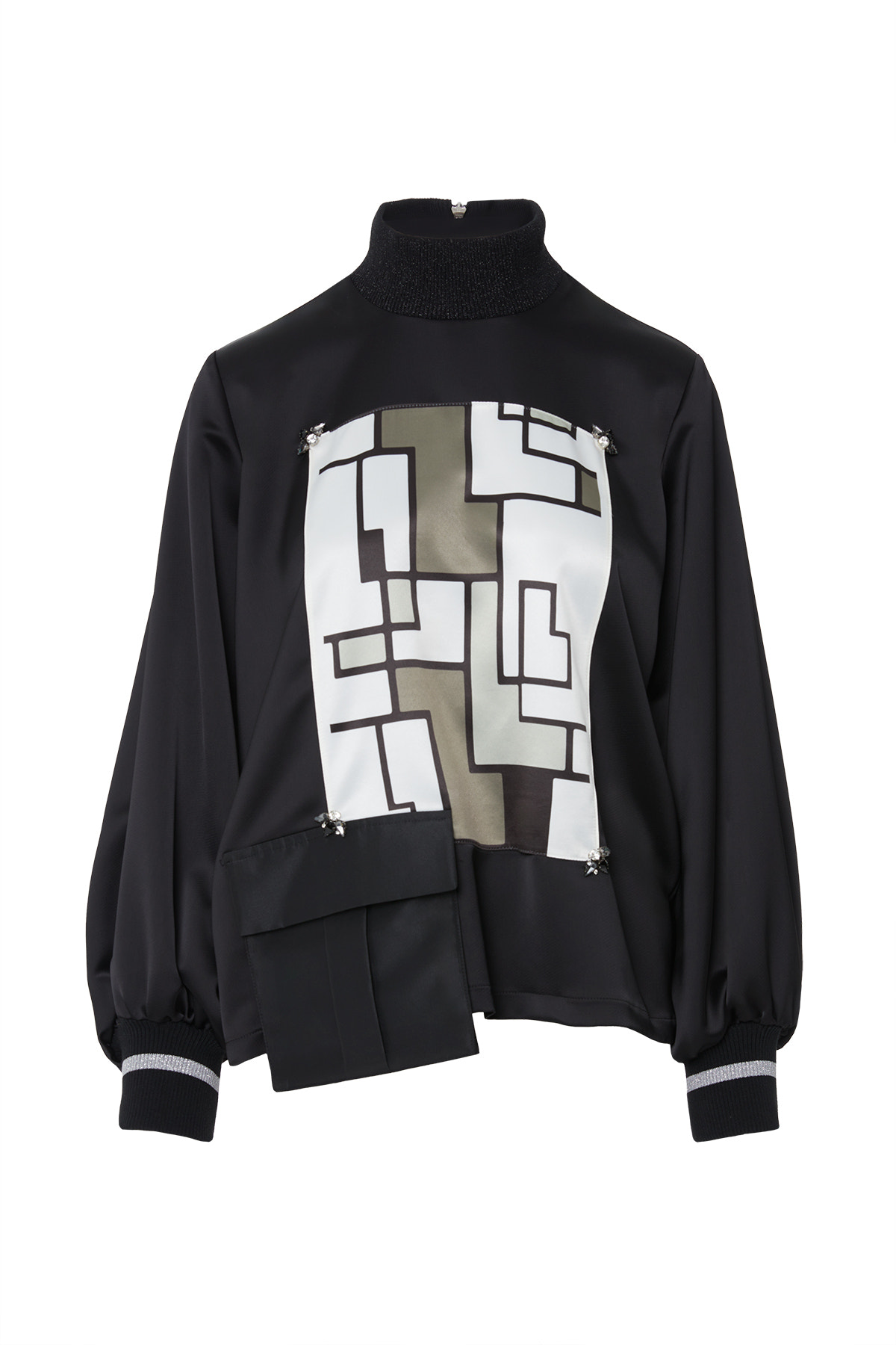 Ön Özel Desen Triko Bantlı Dik Yaka Bluz