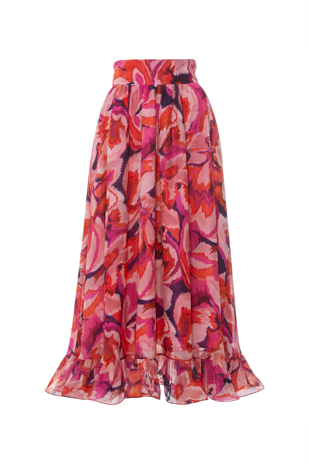 Etek Ucu Volanlı Desenli Şifon Etek