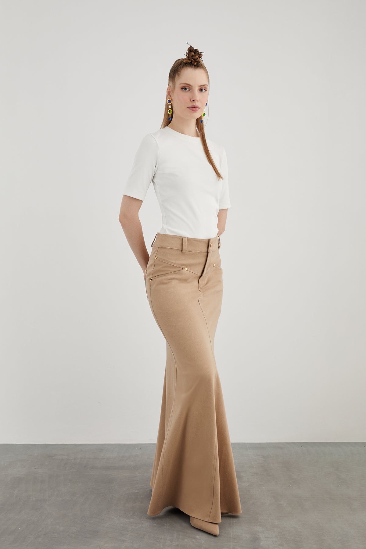 Pelerinli Cepli Detaylı Uzun Etek