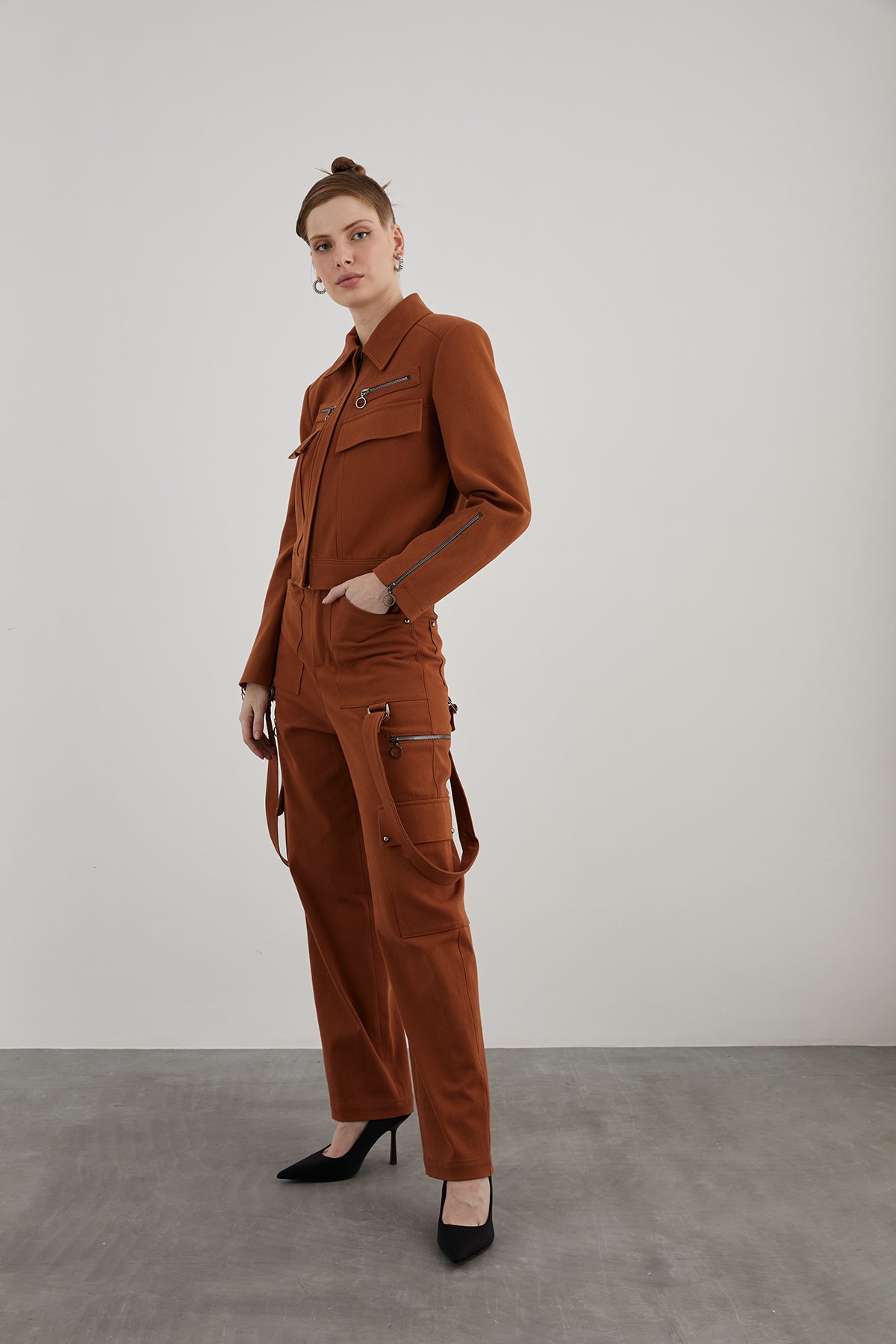 Cep Ve Fermuar Detaylı Taba Spor Ceket