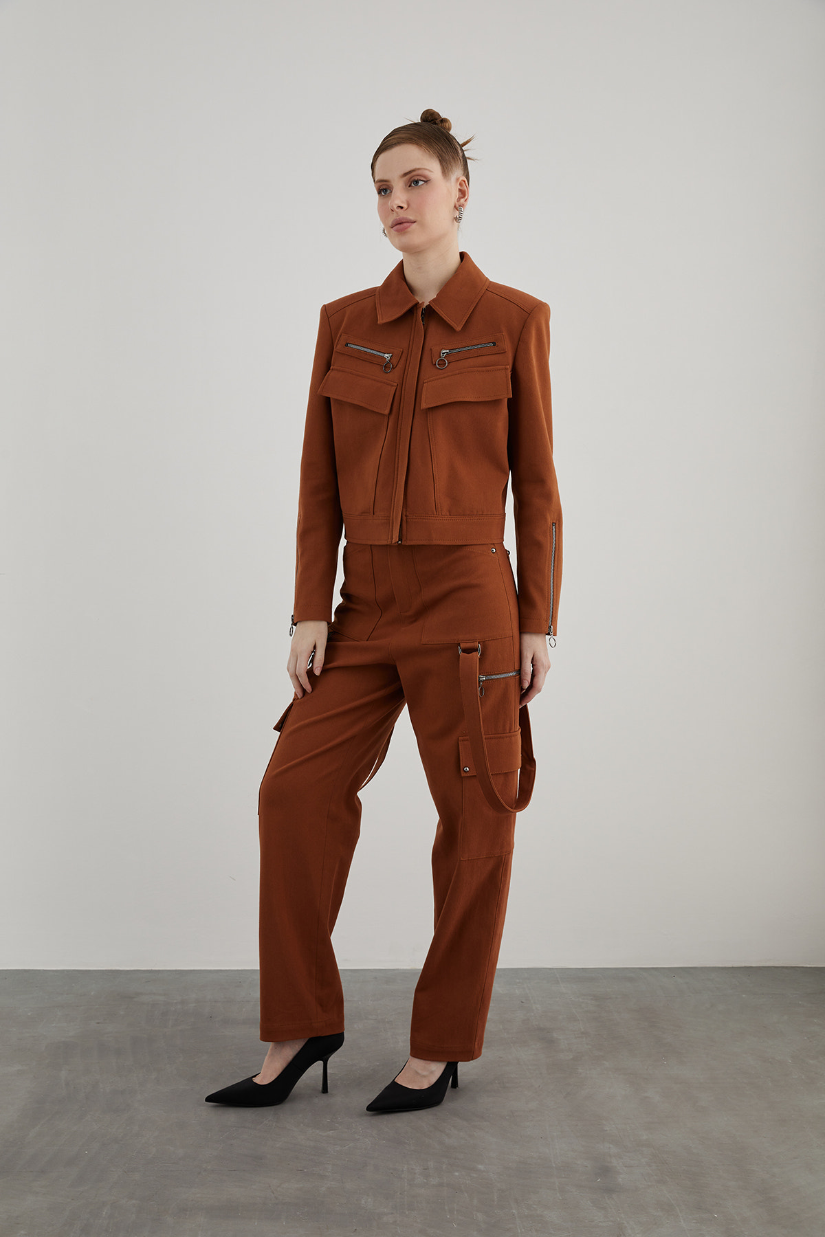 Cep Ve Fermuar Detaylı Taba Spor Ceket