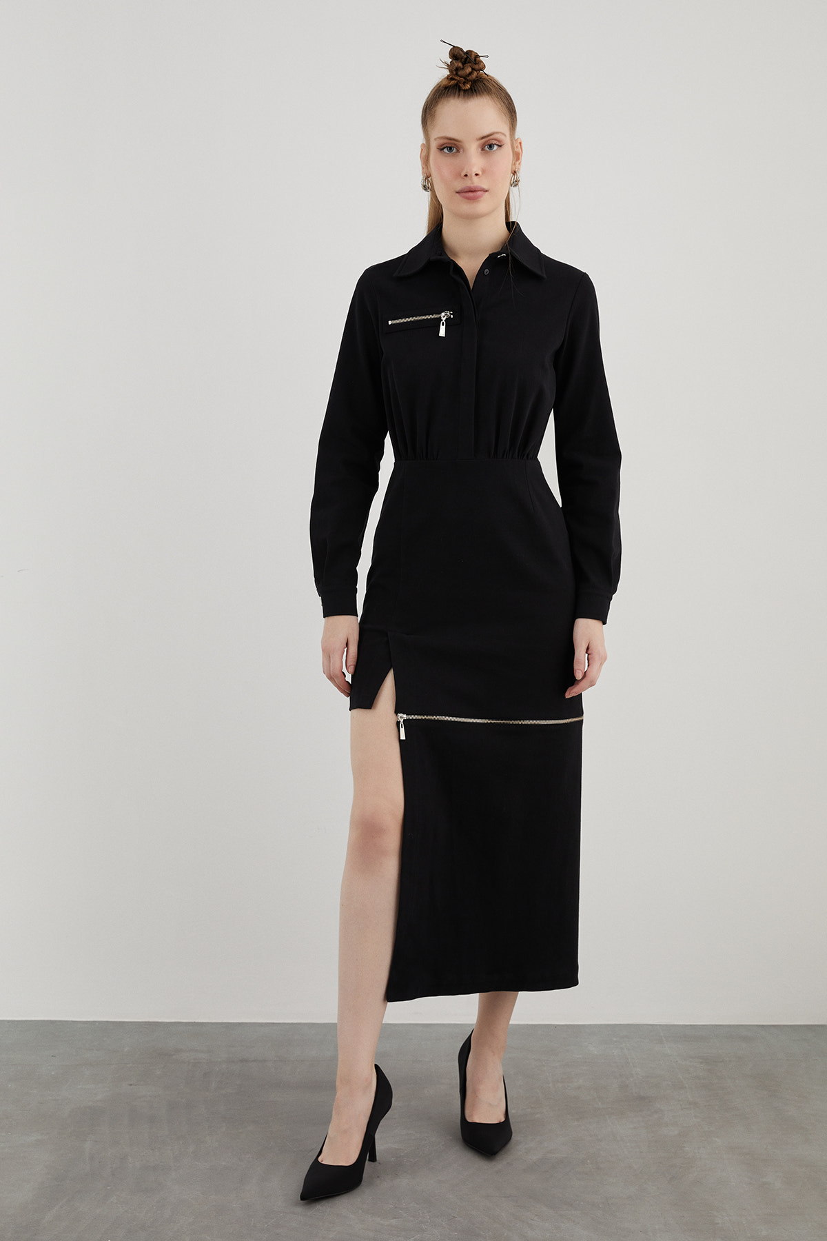 Fermuar Detaylı Midi Boy Elbise